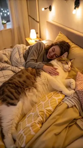 Ultimate Cozy Vibes: Girl & Giant Cat on the Bed #cat #kitty #ai 