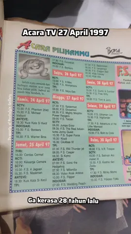 Saat ini saya sedang berada di tahun 1997. Ini acara acara TV untuk minggu depan. Ada yang disukai??? Sebagai informasi F.S adalah Film Serial atau film atau animasi yang bersambung... #timetravel #generasi80an #generasi90an #acaratvjadul #kartunjadul