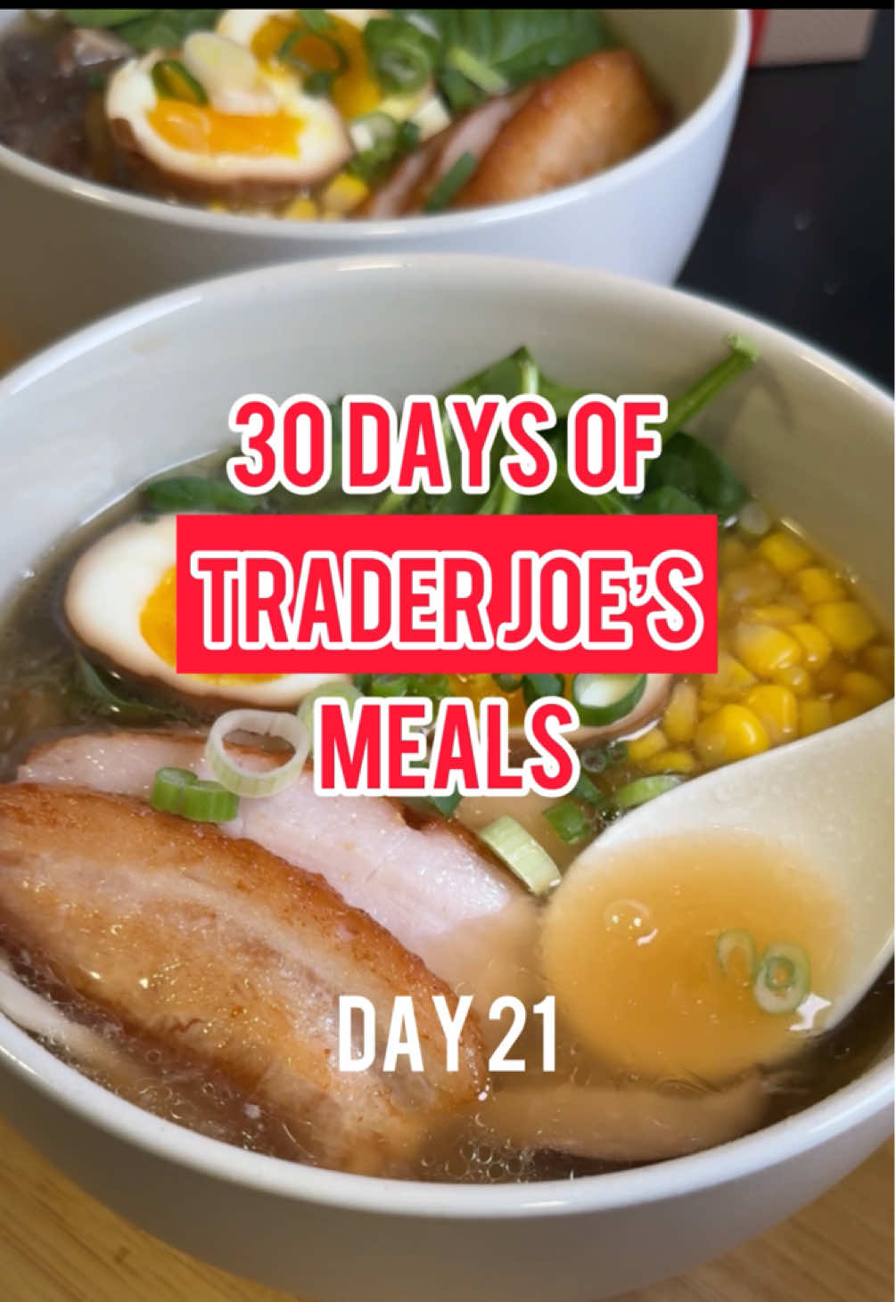 Day 21 of 30 days of Trader Joe’s meals!! Anytime the weather drops slightly, I need a warm bowl of soup 🍜  The Thai Wheat noodles from TJs has been a surprising find that I will keep repurchasing! In soup or stir fried, they taste quite good!  Miso tahini mixture: 3/4 cup of hot water 1/4 cup tahini 3 tbsp soy sauce 2 tbsp miso 2 tsp sesame oil 1. Sauté sliced shiitake mushrooms and 1/4 of a white onion, diced in a stockpot with oil for a minute or two.  2. Add 5-6 cups of chicken broth to the pot. Stir and add the miso tahini mixture. Cover and let it come to a boil.  3. In a bowl, add the Thai wheat noodles. Add the soup over the noodles after it’s boiled. Add toppings of your choice — I used TJ pork belly, corn, spinach, and a marinated egg. Enjoy! #traderjoes #traderjoesfoodreviews #asmr #asmrsounds #soup #soupseason #noodlesoup #ramen #dinner #DinnerIdeas #EasyRecipe 
