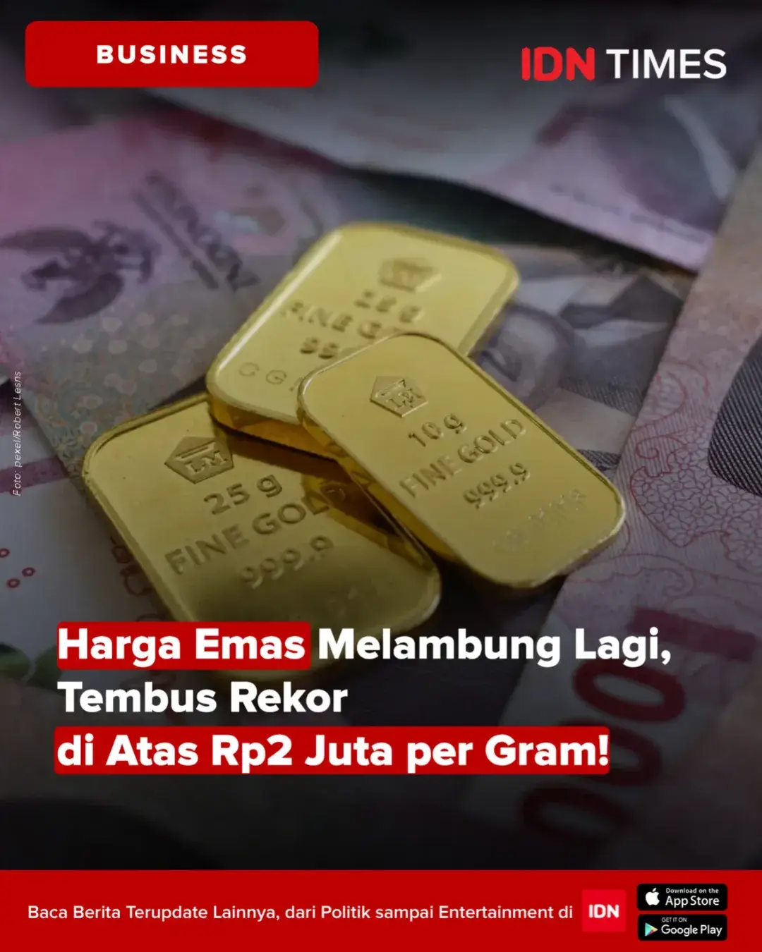 Harga emas logam mulia (LM) PT Aneka Tambang Tbk atau Antam hari ini, Selasa (22/4/2025) naik Rp36 ribu menjadi Rp2,016 juta per gram. Harga tersebut merupakan rekor tertinggi sepanjang masa alias all time high (ATH). Emas LM Antam sudah berkali-kali mencapai ATH bulan ini. Berdasarkan situs logammulia.com, harga buyback hari ini juga menyentuh rekor, dengan kenaikan R36 ribu menjadi Rp1,865 juta per gram, hanya selisih Rp35 ribu dari Rp1,9 juta per gram. Berikut ini harga emas batangan Antam per hari ini dalam pecahan lain: Harga emas 0,5 gram: Rp1,058 juta. Harga emas 1 gram: Rp2,016 juta. Harga emas 2 gram: Rp3,976 juta. Harga emas 3 gram: Rp5,944 juta. Harga emas 5 gram: Rp9,884 juta. Harga emas 10 gram: Rp19,69 juta. Harga emas 25 gram: Rp49,062 juta. Harga emas 50 gram: Rp98,005 juta. Harga emas 100 gram: Rp195,89 juta. Harga emas 250 gram: Rp489,338 juta Harga emas 500 gram: Rp978,375 juta Harga emas 1.000 gram: Rp1,96 miliar. #idntimes #idntimesbusiness #trending #viral #hargaemas #logammulia #antam #idntimes_cki 