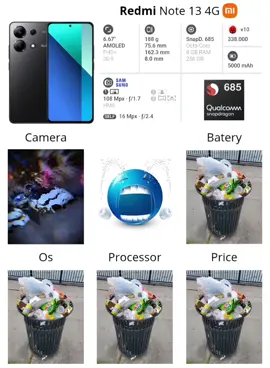 REDMI NOTE 13 4G is Here!🥇📱 •Although nobody asked for it, here it is... ~•The Xiaomi Redmi Note 13 joins the series with a 6.67-inch AMOLED display with FHD+ resolution and a 120Hz refresh rate, powered by a Snapdragon 685 processor with up to 8GB of RAM. The main camera is triple with a 108MP primary sensor with OIS, a 5000mAh battery with support for fast charging, dual speakers, and an under-display fingerprint reader. Limited water resistance (IP54) In-display fingerprint reader Dolby Atmos sound Dual speakers Fast charging (33W) Large battery (5000mAh) Optical image stabilization High-resolution triple camera (108MP+8MP+2MP) 120Hz refresh rate Gorilla Glass 3 display AMOLED display Large screen (6.67
