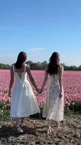 Pretty dresses & tulips >>> #elegantfashion #springfashion #tulipfields 
