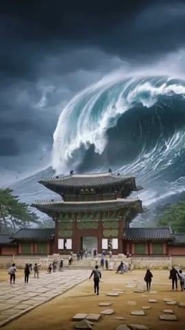 대한민국 경복궁에 대형쓰나미가 덮첬습니다. 사람들이 소리를 지르며 뛰어 다니고있습니다. AI로 만든영상입니다. 실제상황이 아니에요 #경복궁 #쓰나미 #지진 #대재앙 #기후변화 