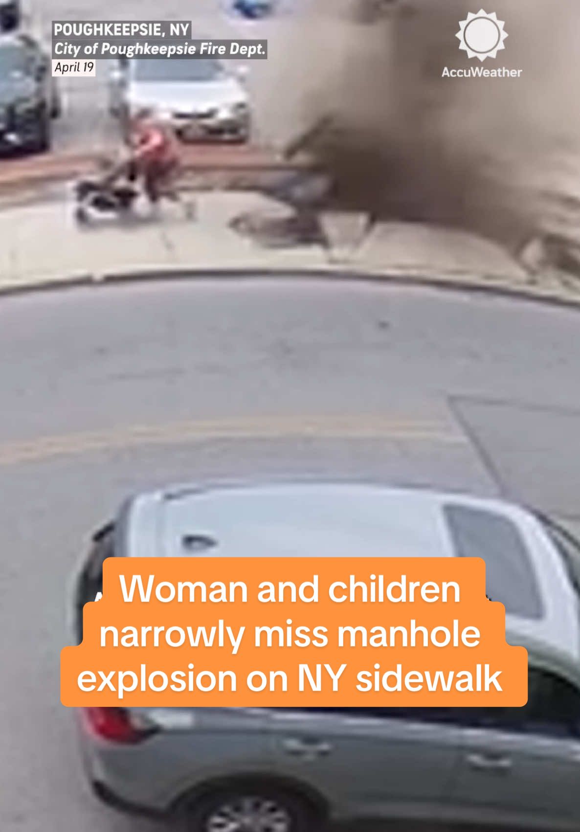 Surveillance video captured the moment a woman pushing a stroller and walking beside a small child narrowly missed a manhole explosion that sent chunks of concrete into the air. #newyork #explosion #poughkeepsieny #caughtoncamera #shocking #dramatic #news #usnews #trending #viral #accuweather 