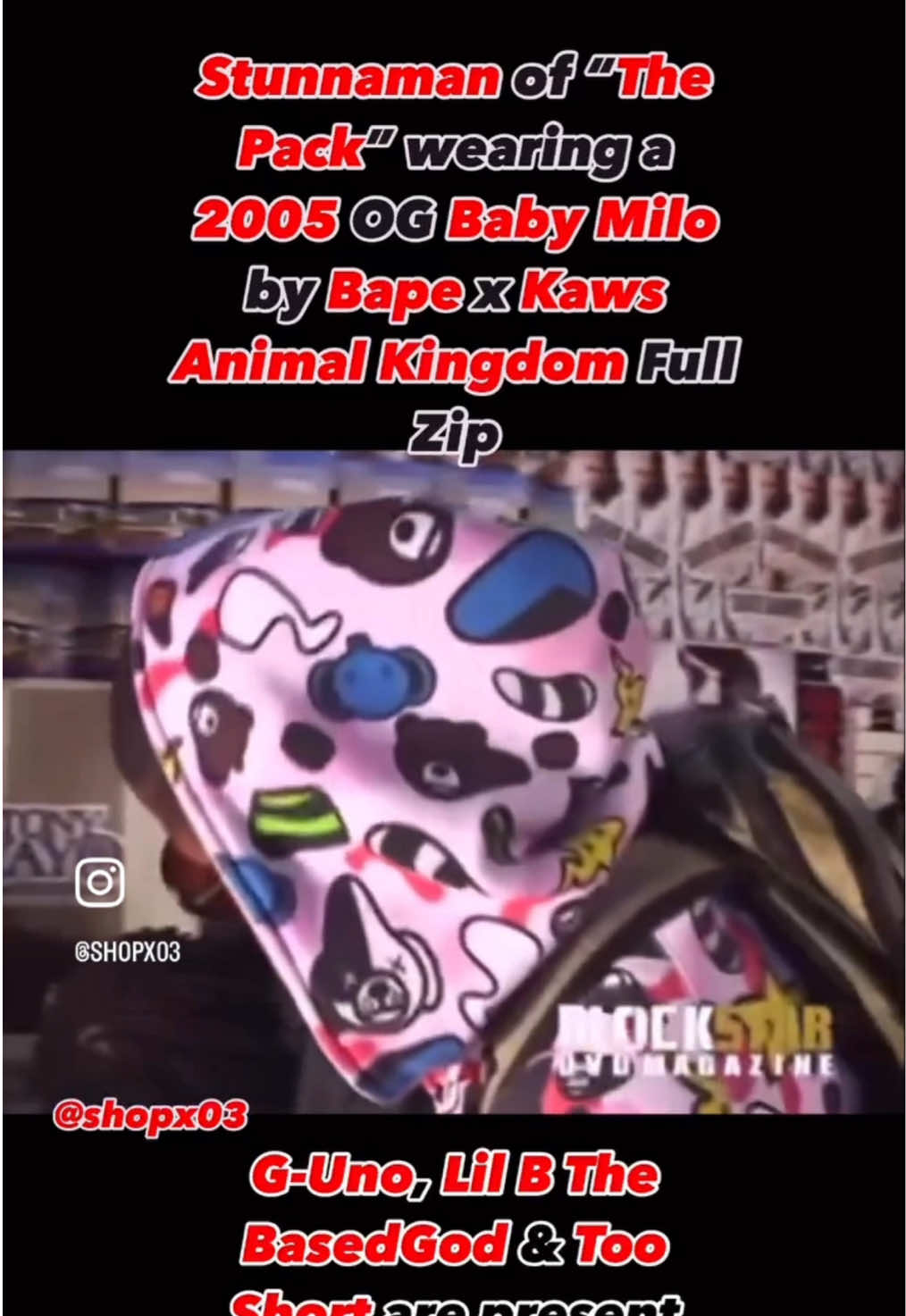 Stunnaman of “The Pack”wearing a 2005 OG Ba by Baby Milo x Kaws Animal Kingdom Full Zip  . . . . #bbcjeans #bapejeans #ogbbc #ABathingApe #apeshallneverkillape #hyphy #StarTrak #tybg #Sk8thing #OgBapetalk #thepack  #billionaireboysclubjeans #stunnaman #ogbape #TikTokFashion #streetwear #guno #ogbapesta #nigoera #kawsanimalkingdom #kaws #bapekawstshirt #bapeshirt #bape #lilbthebasedgod #bapeanimalkingdom #kawsbape #tooshort #bayarea #lilb 