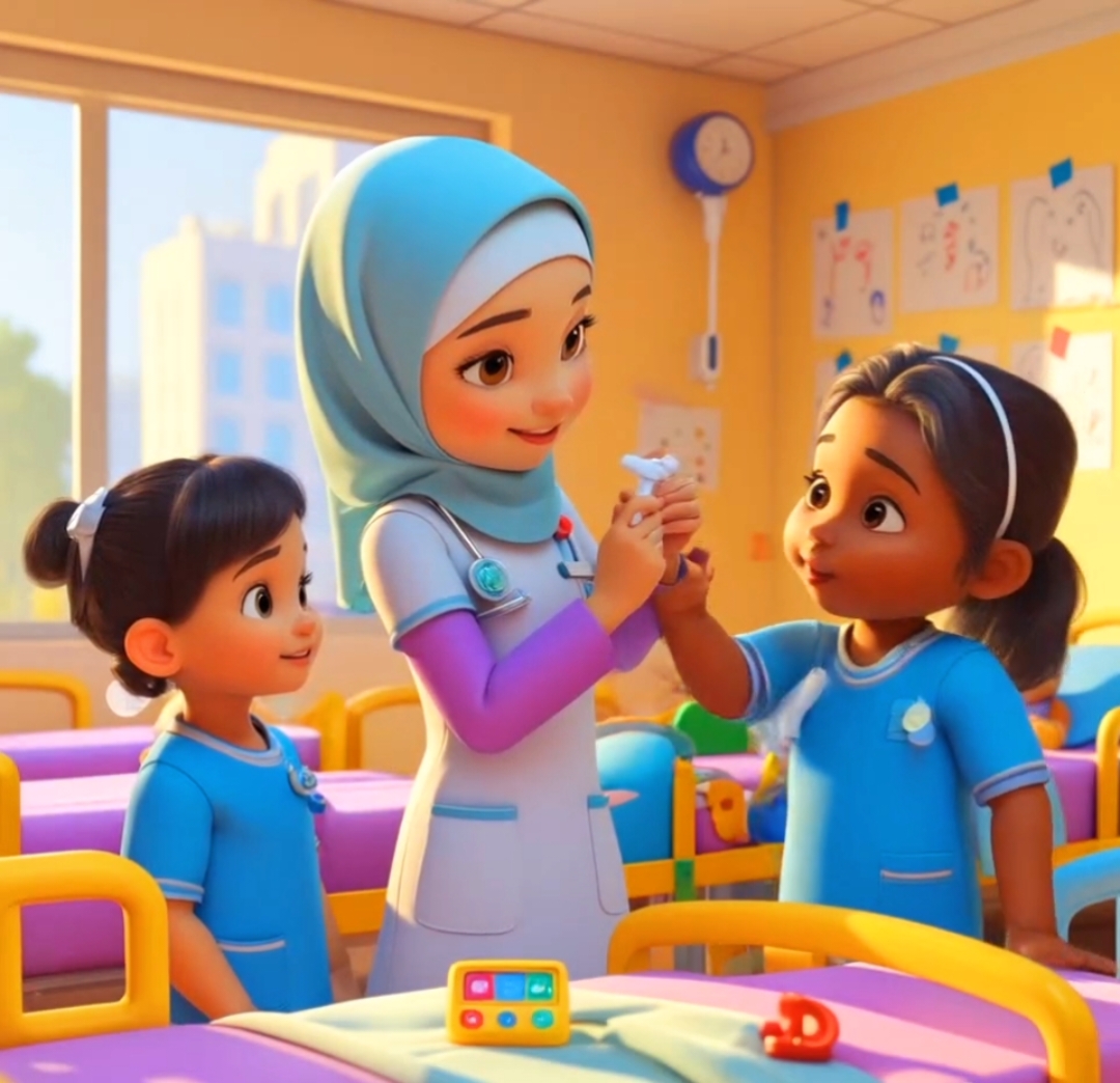 Humaira works as a pediatric nurse at a hospital 💚 #masyaallahtabarakkallah #3danimation #animation #ai #cartoon #nurse #children #hospital #pediatric #fypage #fyp #fypage #foryou #fypシ゚ 