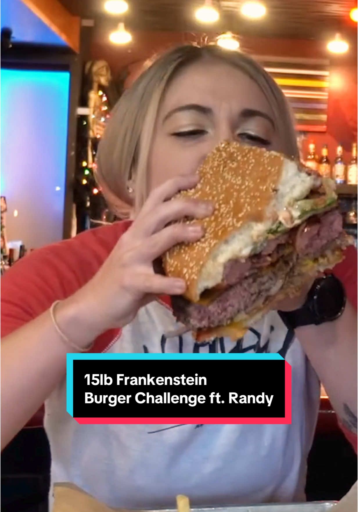 I’m teaming up with @Randy Santel for this viral team burger challenge. Teams of two have just 1 hour to eat this 15lb “Frankenstein” burger, which includes 8lbs of beef, 12 cheese slices, 1lb bacon, 1lb hot dogs, lots of veggies. Also, a giant bowl of fries and a bowl of chili! Who would you team up with?  #foodchallenge #katinaeatskilos #fyp #burger #frankenstein #cheese #Foodie #challenge #randysantel #foryou 