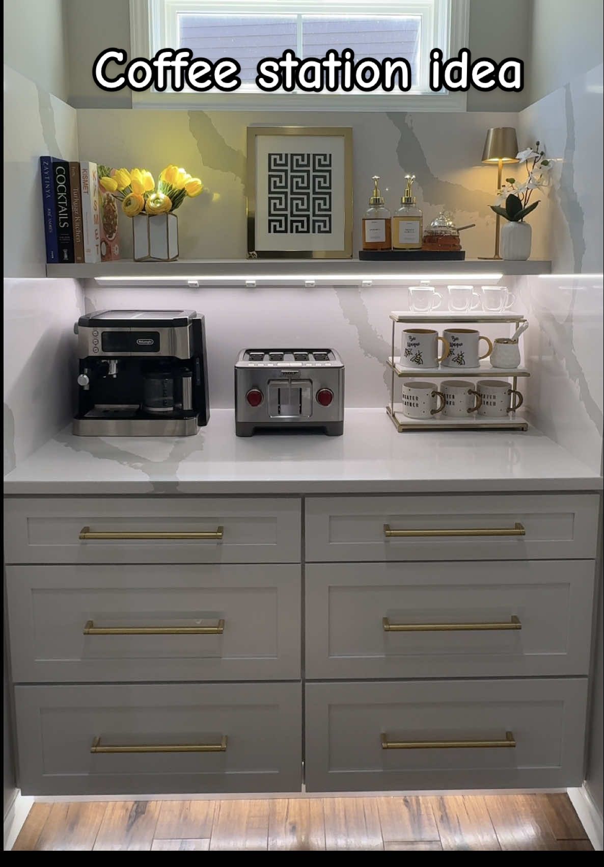 Here’s how I styled my coffee station.  What do you guys think?  #coffeestationidea #coffeestationdecor #coffeestationstyling #coffeebarideas #coffeebaressentials #coffeebarinspo 