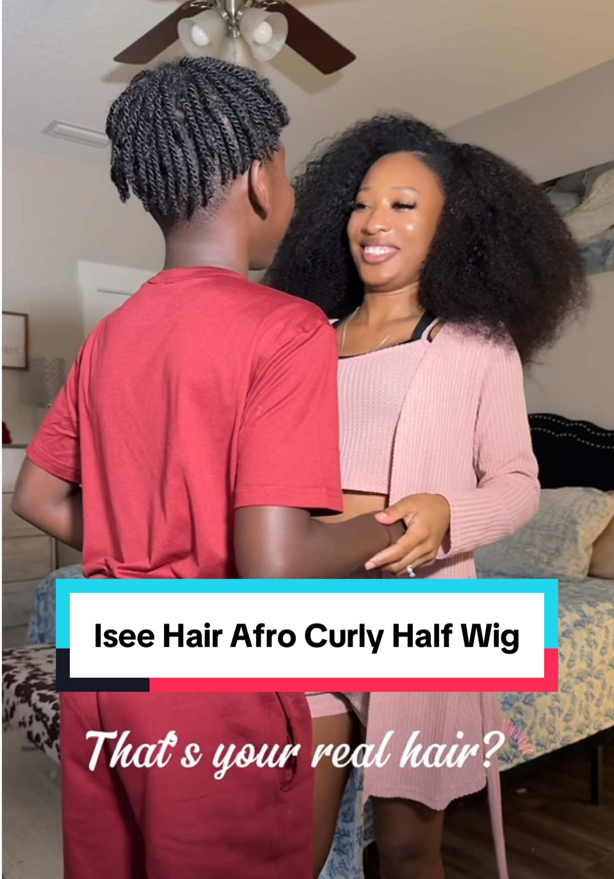 Let’s talk about how the blend on this @ISEEHAIR Afro Curly Half wig had my son convinced that this is my real hair? If you like it grab it from the orange shopping cart right here on TikTok shop up to 49% off or from the #iseehair 🔗 in my B-!-0 #tiktokshopsummersale #tiktokshopspringglowup #aprilrestock 