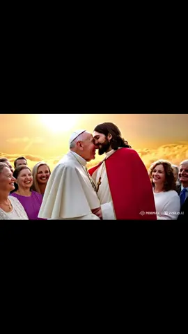Jesus Cristo recebendo o Papa Francisco com um abraço caloroso em um cenário celestial, luz suave ao redor, nuvens douradas, rostos sorridentes e atmosfera de paz e santidade. Jesus com túnica branca e manto vermelho, o Papa com seus trajes papais brancos, fundo com luz divina brilhando.