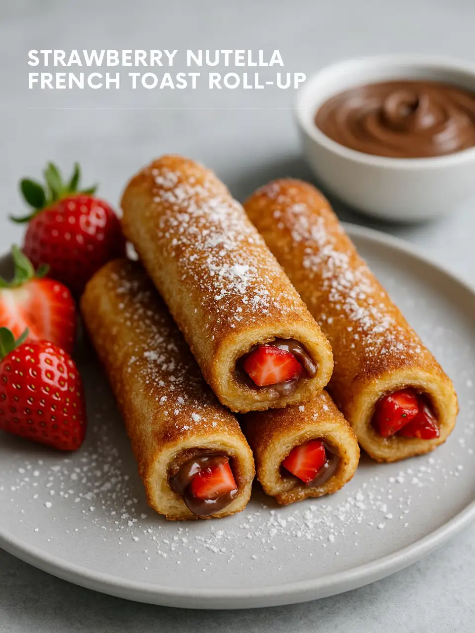 Ingredients: 	•	6–8 slices of white bread (soft sandwich bread works best) 	•	Nutella (about 1–2 tablespoons per roll) 	•	Fresh strawberries, chopped (about 1/2 cup) 	•	2 eggs 	•	1/4 cup milk 	•	1/2 tsp vanilla extract 	•	1 tbsp butter (for the pan) 	•	Optional: cinnamon sugar, powdered sugar, or maple syrup for topping ⸻ Instructions: 	1.	Prep the bread: Trim the crusts off the bread slices. Use a rolling pin to flatten each slice. 	2.	Spread & fill: Spread Nutella over each slice, staying slightly away from the edges. Add a line of chopped strawberries at one end, then roll the slice up tightly. 	3.	Make the custard: In a shallow bowl, whisk the eggs, milk, and vanilla. 	4.	Dip & cook: Dip each roll-up in the egg mixture, coating all sides. 	5.	Fry: Heat a skillet over medium heat and add butter. Cook roll-ups seam-side down first, turning to brown all sides until golden (about 2–3 minutes total). 	6.	Serve: Roll in cinnamon sugar or dust with powdered sugar. Serve warm with maple syrup or extra strawberries. #Recipe #dessert #chocolate #nutella #strawberries #easy #recipes #fyp #berries #EasyRecipe #recipeideas #tasty #cooking #foodblogger #recipesforyou #nutellalove #chocolatelover #chocolaterecipe #easydessert 