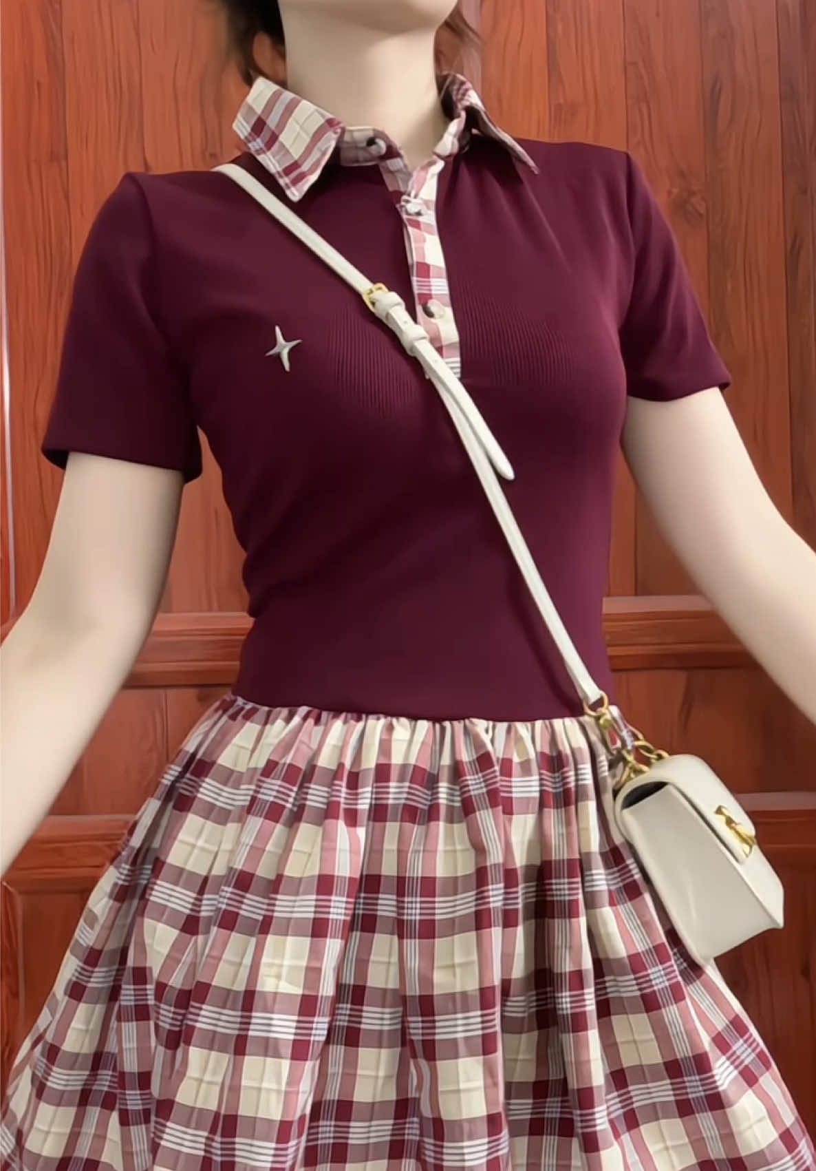 Váy cổ trụ phối caro#outfit #xuhuong 