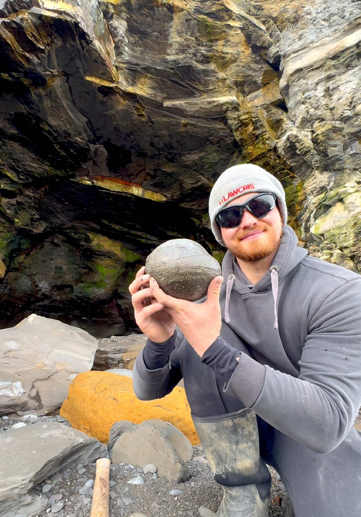 We discovered this GOLDEN limestone orb-like Jurassic rock! 🏝️ Inside, we couldn’t believe what was preserved! A 180 Million year old Ammonite fossil! 🫣🏝 Thanks for supporting our page! 🐊 #natural #nature #fossil #fossils #ancient #animals #art #ammonite #ammonites #dinosaur #scientist  #minerals #paleontology #whitby #geologist #dorset #geology #charmouth #jurassic #yorkshire #fyp @Shae Smith 