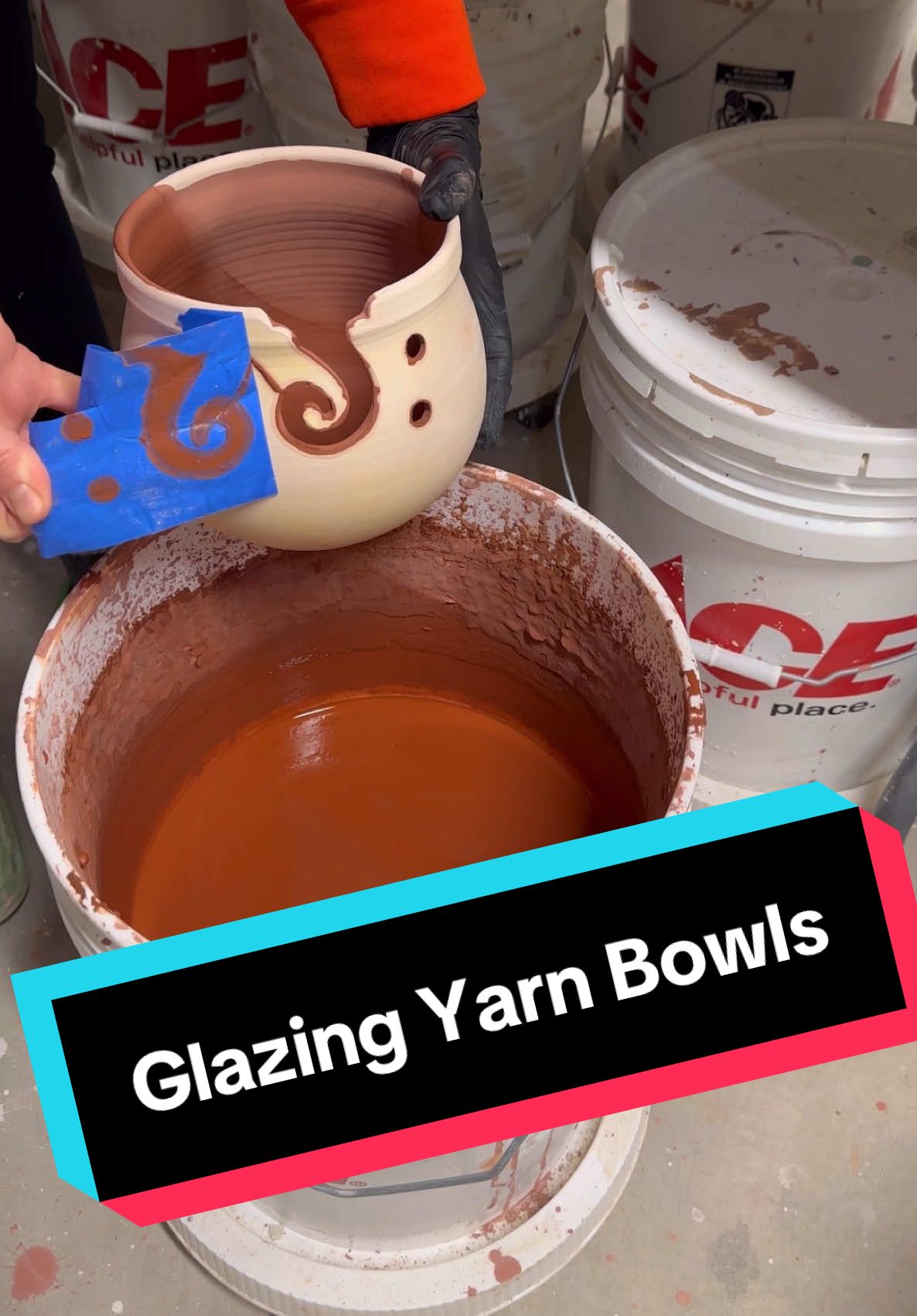 I am using up my pint collection, but I wanted to make my glaze from Midnight Ceramics last, so a little bit of painter’s tape helped me stretch it further by utilizing a liner glaze. I’ve run out of glossy black glaze in pints too, so what I had to work with was a pouring consistency. I think it helped quite a bit, leaving me with several yarn bowls glazed in this lovely glaze! #pottery #ceramics #potteryglaze #yarnbowl 