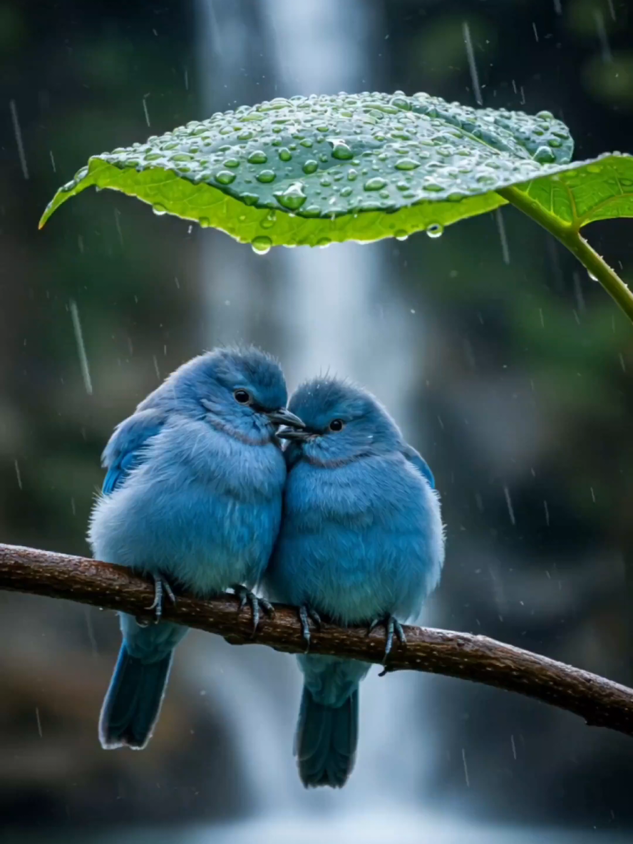 Rainy Cuddle Under Nature’s Canopy 🌧️💙🐦 Two fluffy blue birds huddle close beneath a leaf as soft rain falls around them. With a gentle waterfall in the background and glistening droplets all around, this serene moment captures the pure magic of nature and connection 🌿💧🕊️ #lovebirds #nature #rain #birds #peace #serenity #wildlife