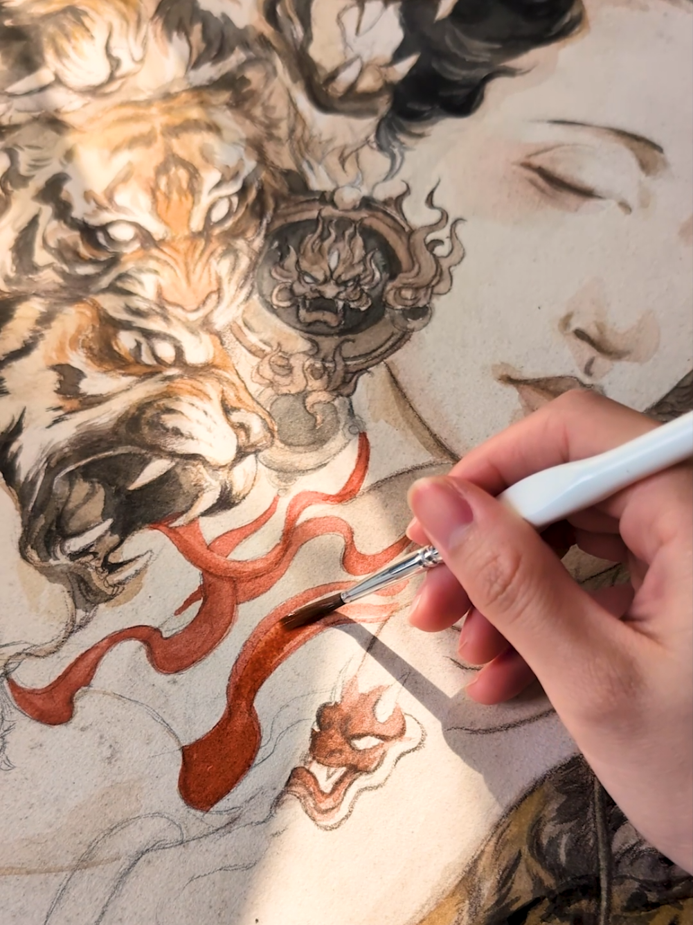 Sea of Flames 🐅🔥 Watercolor & gouache painting work in progress📿 #artist #fantasy #folklore #bigcat #tiger #cat #watercolor #chinese #art #artist 