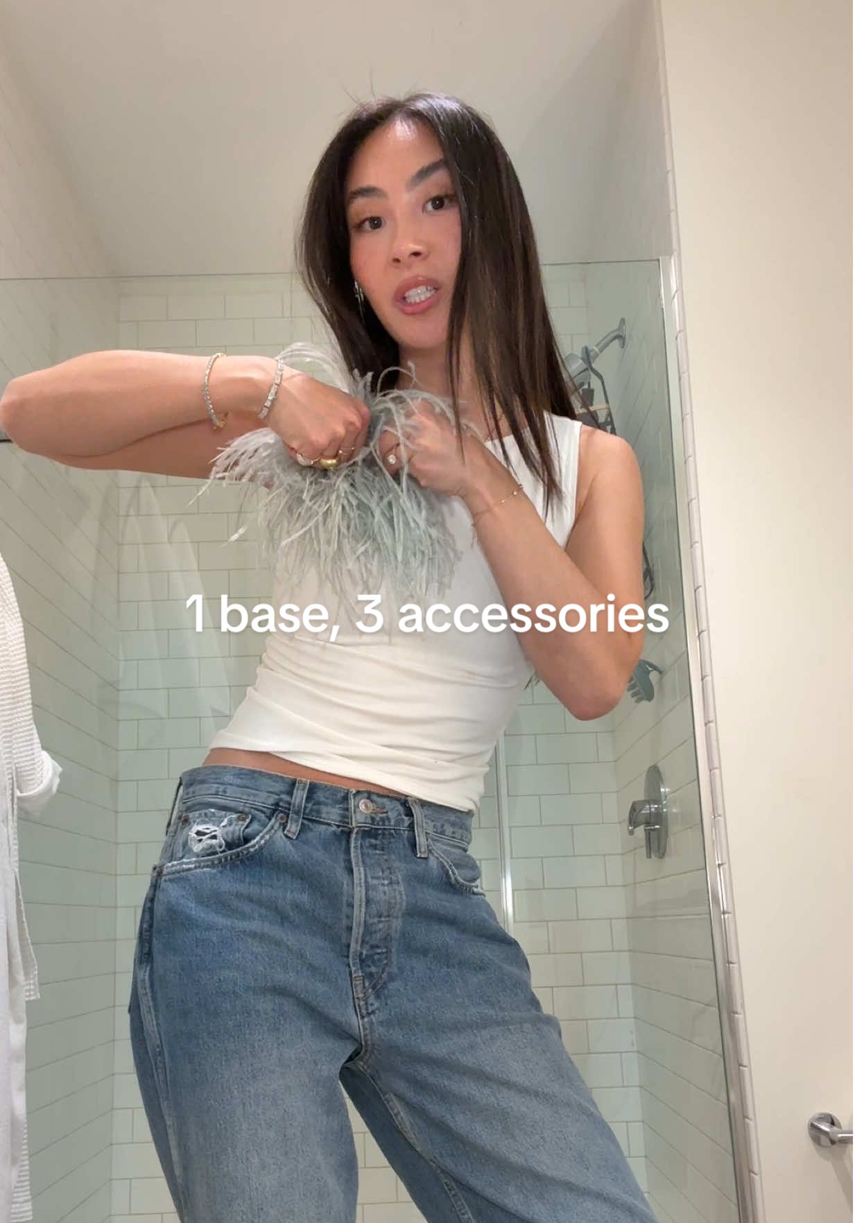 1 base, 3 accessories!  #styling #styletips #accessories #belt #denim #whitetank #simpleoutfit #chicoutfit #fashiontiktok  @reformation @Tony Bianco @ZARA @RE/DONE @Etsy 
