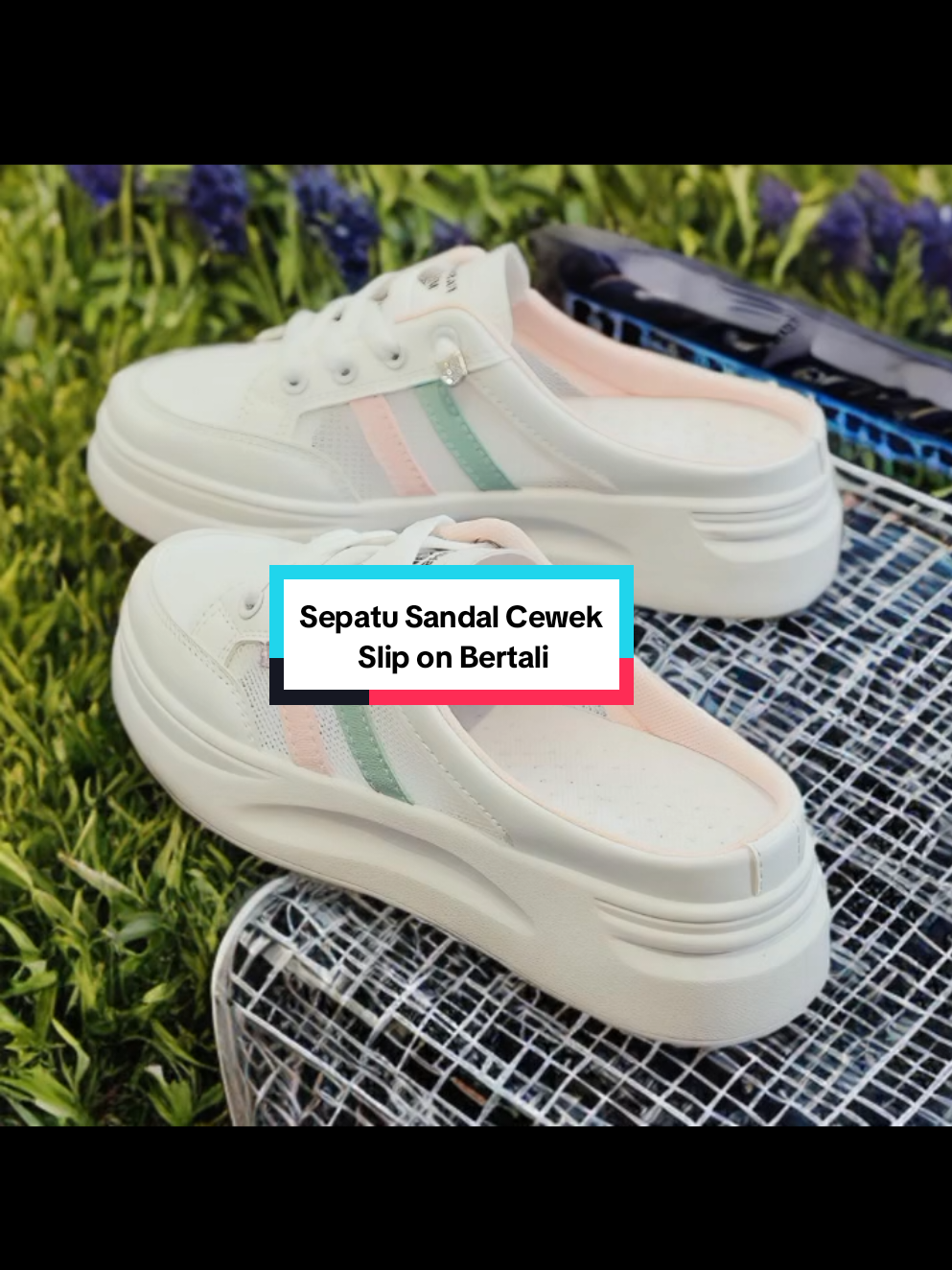 Sepatu Sandal Cewek -Slip On Bertali Anti slip Anti Licin - Sepatu Casual List Garis estetik..  #sepatusandal 