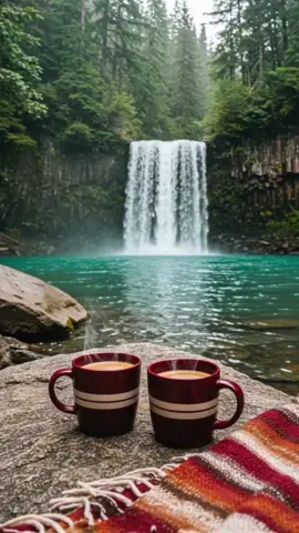 Morning Steam & Waterfall Dreams in the Wild ☕️ Feel the power of nature and the peace of a quiet morning. Two burgundy mugs steaming by a roaring waterfall, wrapped in the coziness of a tribal blanket and the wild beauty of the forest. Serenity starts here—where coffee meets the cascade. ☕️✨🌿 #waterfall #coffee #nature #morning #forest #cozy #wilderness