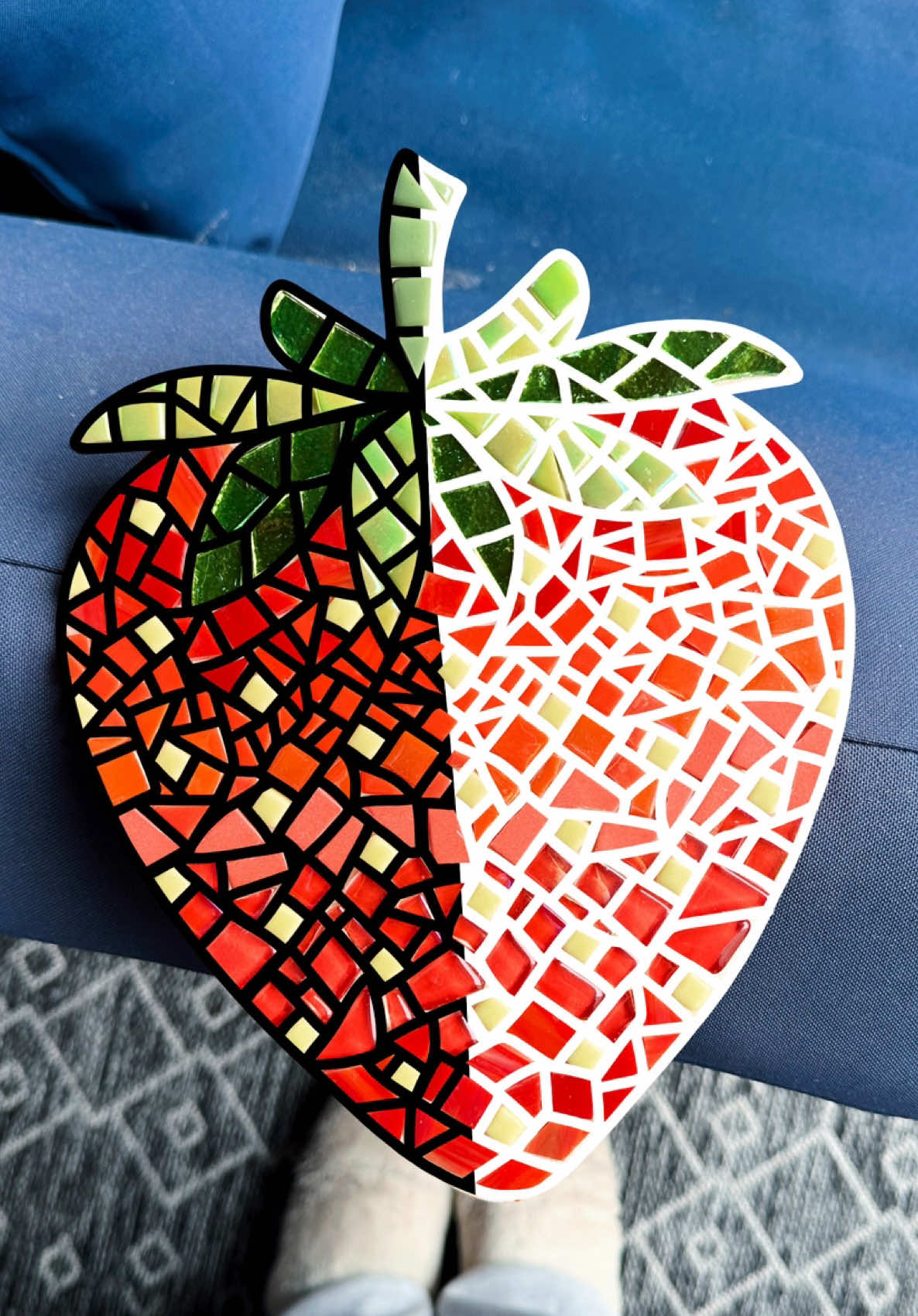 Replying to @Rachalahara 🇨🇦 ✨black or white mosaic strawberry?🍓✨ #zenspiredesigns #SmallBusiness #mosaicart #satisfying #oddlysatisfying #mosaic #mosaictiles #mosaicproject #newproject #woodencutouts