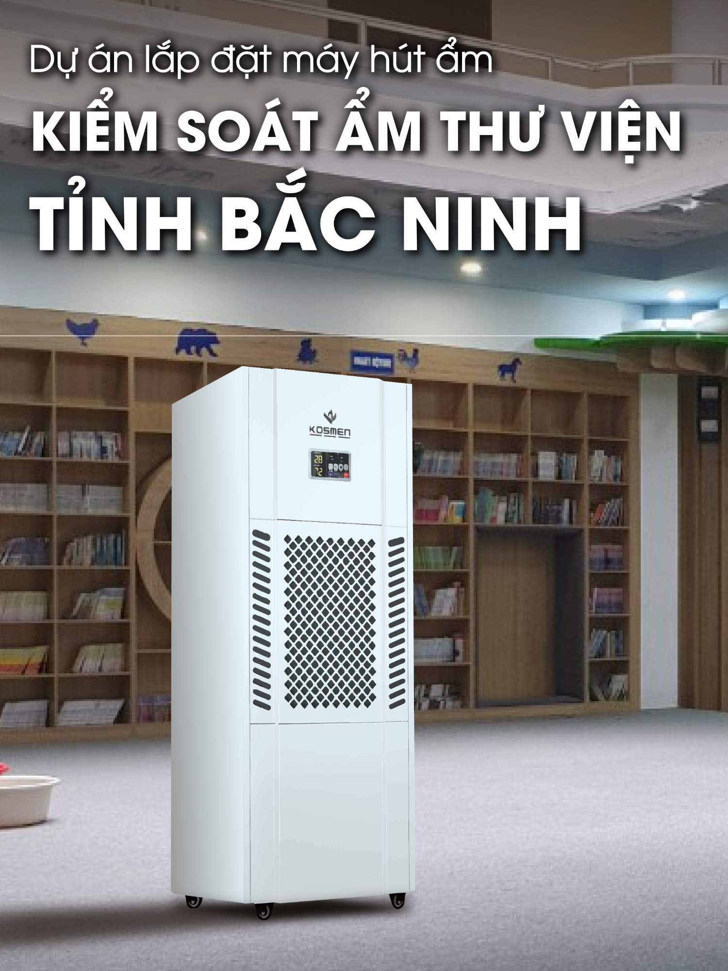 Tìm hiểu giải pháp lắp đặt máy hút ẩm Kosmen để xử lý ẩm cho thư viện tỉnh Bắc Ninh:  - Loại bỏ độ ẩm dư thừa trong không khí, bảo vệ sách, tài liệu khỏi ẩm mốc và hư hại - Duy trì độ ẩm ổn định, phù hợp với tiêu chuẩn lưu trữ tài liệu - Hạn chế tối đa nguy cơ cháy nổ hoặc sự cố điện do độ ẩm cao gây ra - Góp phần bảo vệ thiết bị điện tử, hệ thống máy tính, máy in, giúp kéo dài tuổi thọ sử dụng - Tạo môi trường học tập, làm việc thoải mái và sạch sẽ cho nhân viên và khách hàng. #kosmen #mayhutamcongnghiep #giaiphapxulyam #giaiphaphutam #thuvien