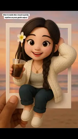 How to make this trend?  1. Download the ChatGPT app. 2. Choose well the photos you want to edit. 3. Select photo and write:  A cute, stylized 3D character of a young girl dressed the same as in the photo referencé and holding an iced coffee. The character playfully sits on the edge of a Polaroid-style photo frame, with one leg dangling outside. The background features a soft scenic view of sunset on the beach, and the hand of a'man holding has a light brown skin tone. The character has à cheerful, expressive face that adds to the playful vibe. 4. Waiting for the app to convert the photo 5. Download and done. #gpt  #chatgpt #tend 