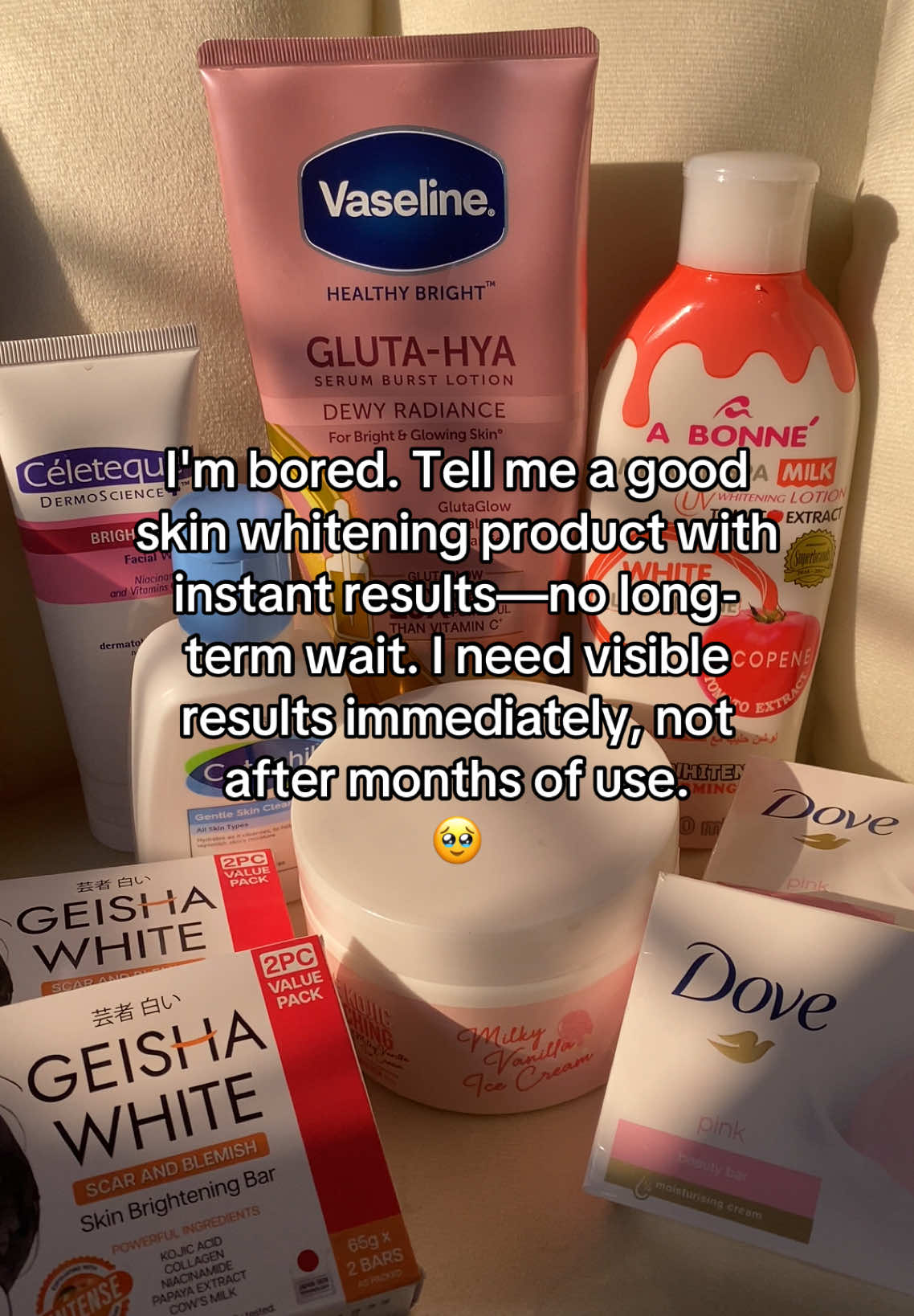 girlies i know that seeing results takes time, i was a bit unrealistic wanting immediate results tbh lol and just to be clear, i just want to even out my skin tone on my arms before the next school year starts. 🥹😭 #whitening #skinwhitening #lotion #vaseline #vaselineglutahya #abonne #bodycare #skincare #whiteninglotion #bleachingscrub #whiteningsoap #whiteningskin #foryou #foryoupage #fy #fyp 