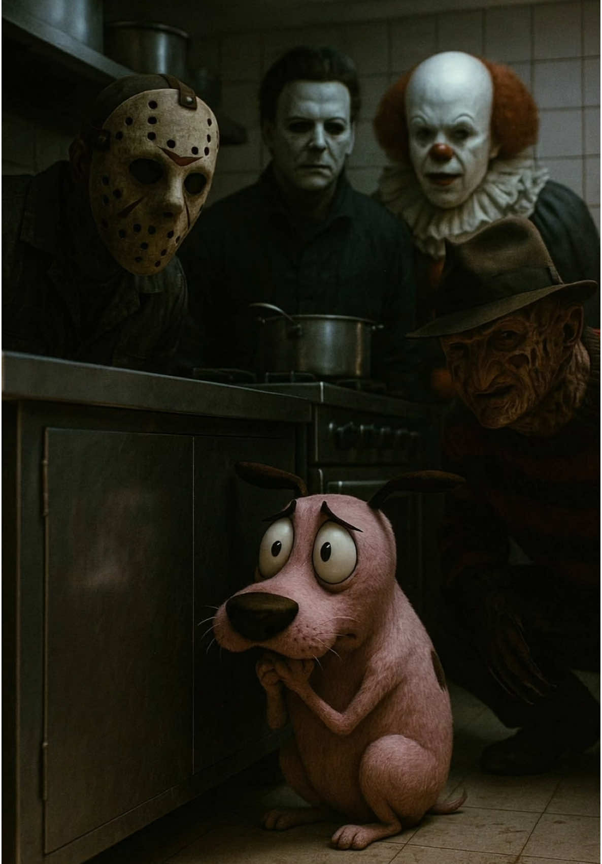 Get ready for a nightmarish crossover that will make even the bravest dog tremble (well, almost)! 😱 This animated reel, created with the dark magic of Midjourney and animated with AI, sees our adorable and cowardly Courage facing the most terrifying challenge of his life: hiding from a quartet of unprecedented horror icons. Imagine the scene: poor Courage, with his eyes wide with terror, desperately tries not to be noticed by Jason Voorhees and his inseparable machete, the unsettling Michael Myers with his expressionless mask, the evil IT hiding in the shadows, and the clawed Freddy Krueger ready to invade his nightmares. Every nook and cranny of the old farmhouse kitchen seems to hide a frightening threat. This reel is a tribute to the masters of horror and our favorite cowardly dog, a mashup that combines suspense, comedy, and a touch of anxiety. With Artificial Intelligence, I have made this chilling encounter possible, uniting iconic worlds of horror cinema with animation for a unique and unsettling result. Who do you think Courage will manage to avoid the longest? Which villain would you be most afraid to meet? Leave a comment with your opinion, share this nightmarish crossover with your horror and animation-loving friends, and follow me for other frightening AI-generated creations! #couragethedog #couragethecowardlydog #HorrorCrossover #JasonVoorhees #MichaelMyers #IT #FreddyKrueger #AIArt #aivideo 