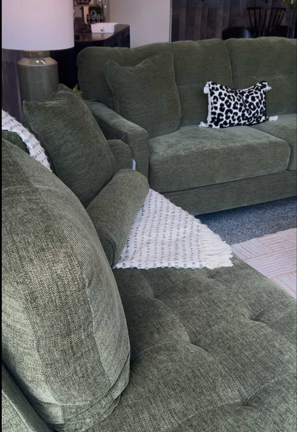 Back in Stock!  Olive Green Sofa, Loveseat, and Chaise by Ashley are now available at Dream Furniture in Dayton, Texas!  #dreamfurniture #daytontx #dreamhome #livingroom #homedecor #fypシ #vira 