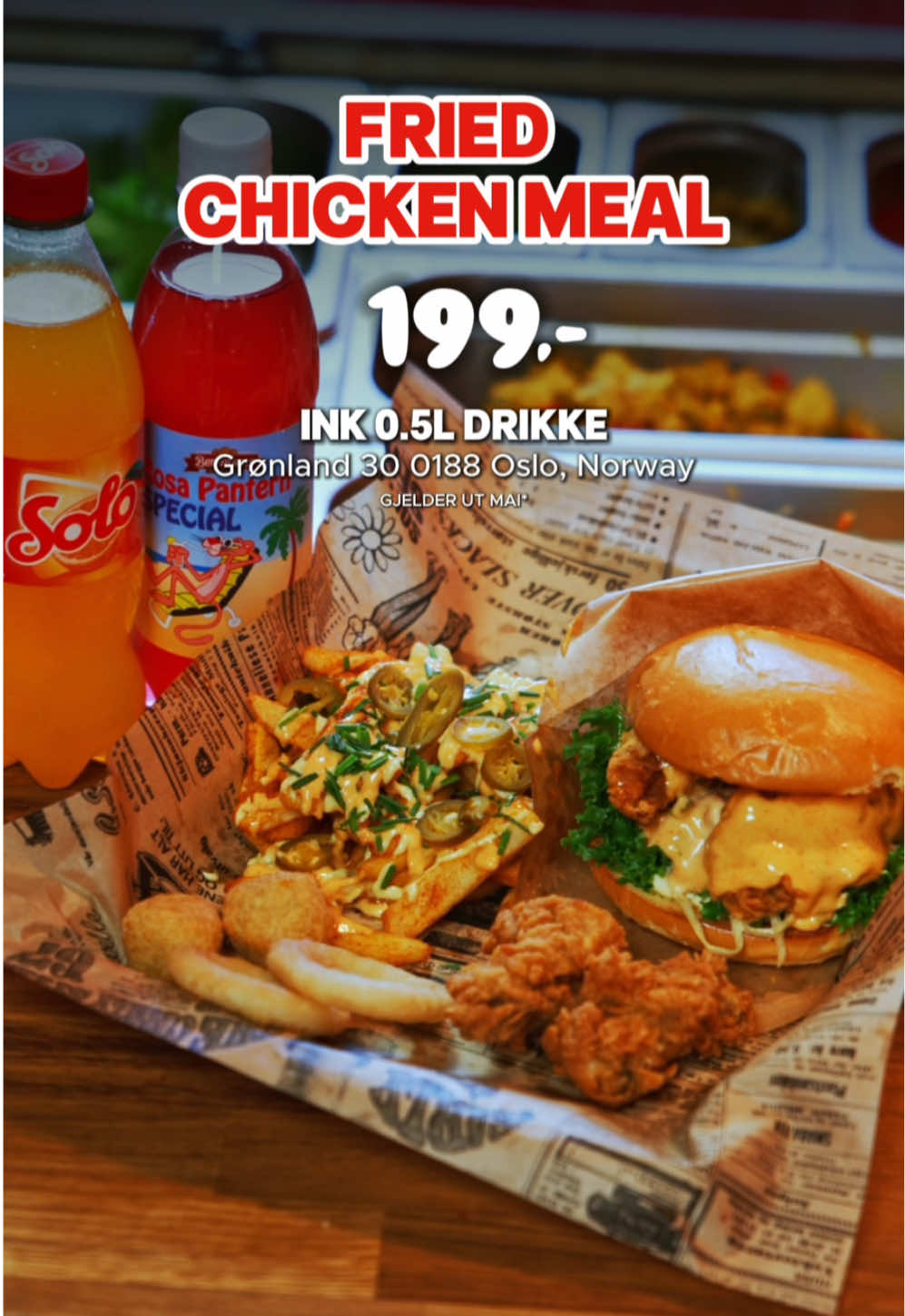 Hungry Birds Deal! 🍔 Crispy Chicken Burger 🍟 Fries + hjemmelaget dressing 🍗 2 Crispy Wings 🧀 2 Chilli Cheese 🧅 2 Løkringer 🥤 0,5L drikke Alt dette for kun 199 kr! Tilbudet gjelder ut mai — ikke gå glipp av det! Fly innom Hungry Birds i dag!