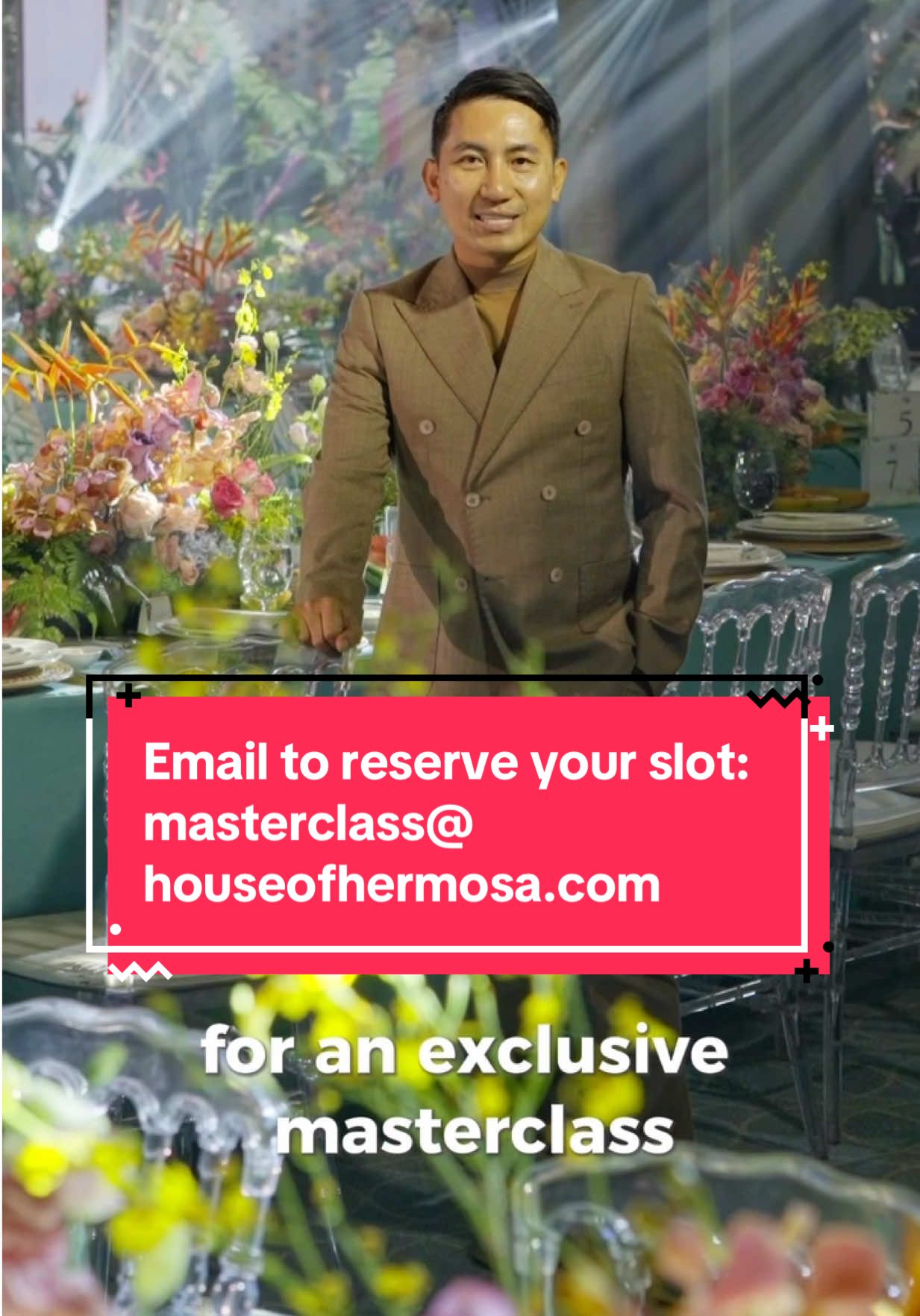 Learn to bring magical touches to your events. Create spaces with mastery and intention. I'll be sharing my techniques, creative process, and the thoughtful details behind the Gideonized style. Join my upcoming Masterclass from June 30 to July 2, 2025, and let your passion for events design blossom further! Email:  masterclass@houseofhermosa.com. To book your slot!