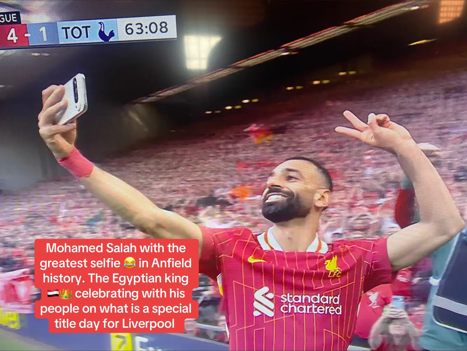 Mohamed Salah with the greatest selfie 😂 in Anfield history. The Egyptian king 🇪🇬👑 celebrating with his people on what is a special title day for @Liverpool FC, a second @Premier League title and first in front of a full Anfield crowd  #Tiktok #MohamedSalah #MoSalah #Salah #Liverpool #LFC #PremierLeague #PL #Football #Futbol #Soccer #Sports #Sport #Anfield #England #UK #Britain #unitedkingdom #Sunday #Weekend #Spring #April #2025 