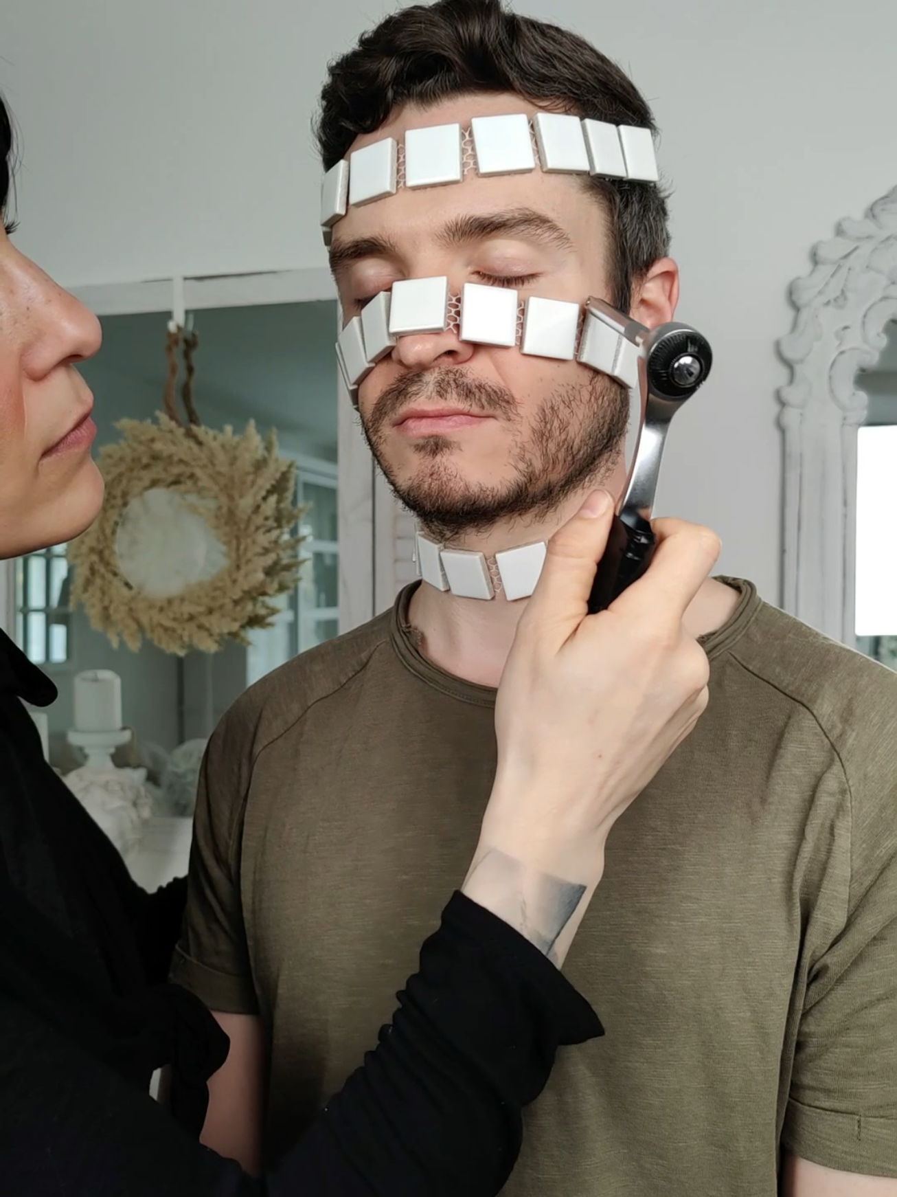 Some weird experiments with tiles on his face #asmr #asmrvideo 