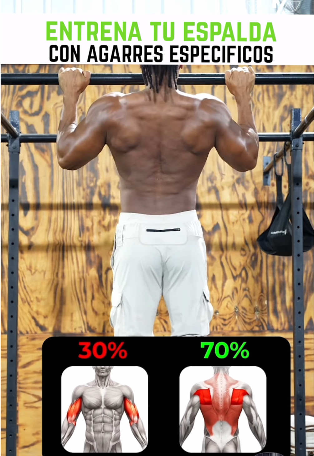 entrena tu espalda con agarres diferentes y mejora tu entrenamiento  1. 🏋️ Prioriza la técnica sobre la cantidad * Es mejor hacer menos repeticiones bien hechas que muchas con mala forma. Asegúrate de subir y bajar de forma controlada.  2. 📏 Mantén el core activo * Aprieta el abdomen y glúteos para mantener una posición firme y evitar balanceos excesivos. 3. 🎯 Enfócate en jalar con la espalda * Piensa en llevar los codos hacia abajo y atrás, no en tirar con los brazos. Así activas mejor los dorsales.  4. 🔄 Usa agarres variados * Agarre amplio: Trabaja más la amplitud de la espalda.  * Agarre neutro (palmas enfrentadas): Más fácil, enfoca en dorsales y bíceps.  * Agarre supino (palmas hacia ti): Más énfasis en bíceps.  5. ⚖️ Baja completamente y sube hasta el mentón * Extiende bien los brazos al bajar para trabajar todo el rango y sube controladamente hasta que el mentón pase la barra.  6. 💨 Respira correctamente * Inhala al bajar y exhala al subir. No contengas la respiración, mantén el ritmo de forma fluida.  #ejerciciosencasa #fuerza #gym #WORKOUT #TRAIN #gymmotivation #gimnasio #gains #Fitness #fit #man #tips #workout #guias #exercise #routine  #fitlife #ESPALDA #back #lats 