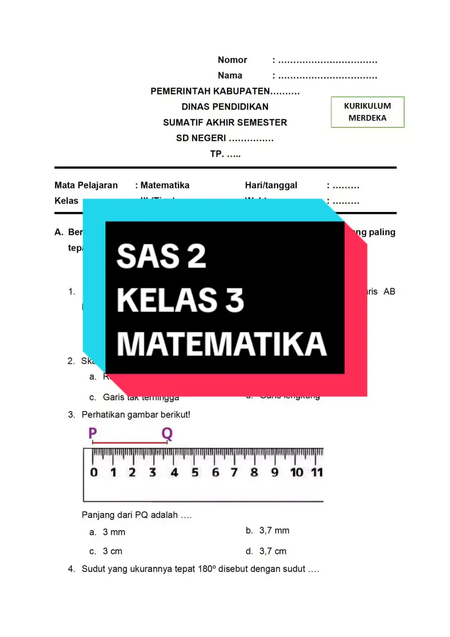 Sumatif Akhir Semester Kelas 3 Semester 2 Matematika #SAS #kisikisisoal #soaldankuncijawaban #semester2 #kelas3sekolahdasar #kelas3sd😅😁 #sumatifakhirsemester #SAT #ASAT #matematika 