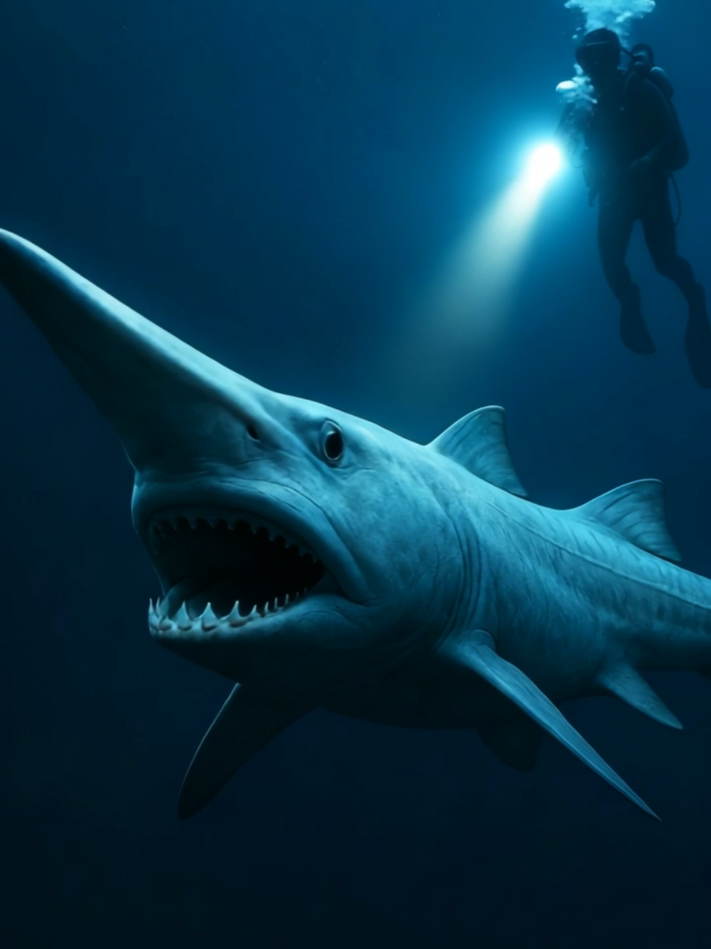 Very rare footage of diver’s encounter with a Goblin Shark (scientific name: Mitsukurina owstoni)close to cost of Gran Canaria. Goblin sharks are deep-sea creatures known for their distinctively long, flattened snouts and protruding jaws filled with sharp teeth. Their snout is packed with electroreceptors, helping them detect prey in the deep ocean where light is scarce. They are sometimes called 