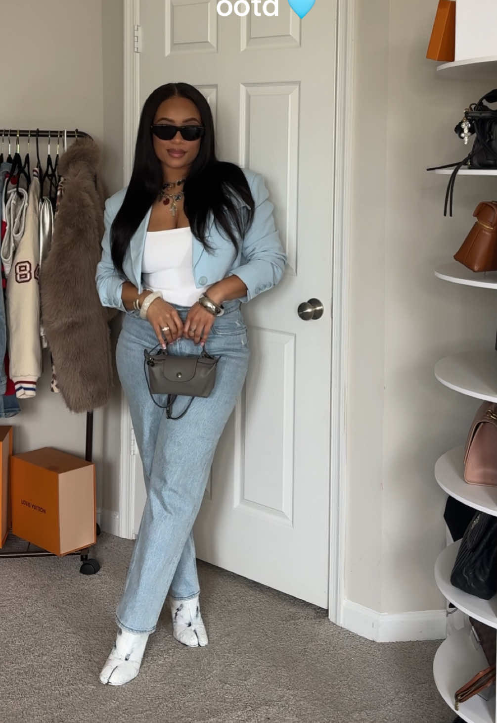 Been a minute 🩵 a little pop of color for spring 🌷 Jacket: @Nasty Gal  Top: @Amazon Fashion  Jeans: @abercrombie  Boots: @Maison Margiela  Bag: @Longchamp  Glasses: @CELINE  Necklace: @Free People  Everything linked in LTK 🩵🔗 #OOTD _#ootdfashion #springfashion #springootd #brunchoutfit #outfitideas #outfitinspo #blackgirlfashion #abercrombie #abercrombiestyle #abercrombieandfitch 