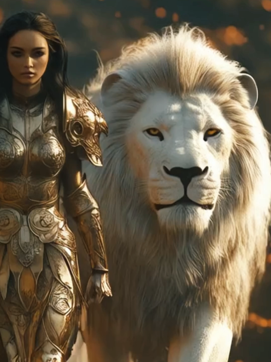 Golden Guardian and the White King 🦁✨ A timeless alliance forged in light and strength — a queen and her mighty protector walking through legends. 🌟 #goldenguardian #fantasyart #whitelionking #epicjourney #cinematicfantasy #mythicalbeauty #guardiansoflight #vibestary #legendsoftime #mythicalwarriors 