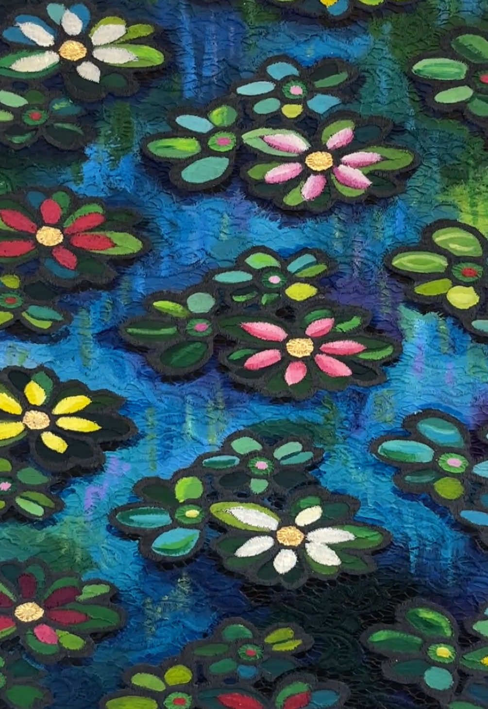 New lace painting inspired by Monet’s water lily paintings.  This might be my favorite one so far, what do you think? #painting #art #monet #waterlily #pond #arcylic #multimedia #collage #lace #textile #lacepainting #fyp #viral #processvideo #artprocess 