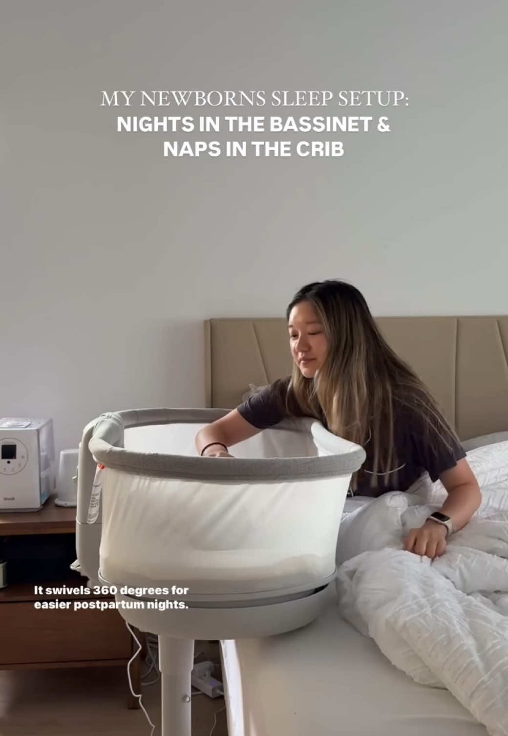 at night, my baby sleeps right beside me in the @halosleep bassinest connected swivel sleeper 3.0! the 360° swivel makes nighttime feedings easier. the lowering bedside wall means i don’t have to bend, twist or use my back while recovering! i love that this bassinet features smart technology and offers it at a more affordable price!  the autosoothe™ feature responds to cries with rocking, vibrations, and calming sounds, all customizable right from my phone 🙌 i can also control it with the buttons on the bassinet too!  for naps, we use the @halosleep full-size breathable mesh crib during the day. creating a separate, familiar sleep space helps with routine and will make the future transition out of the bassinest so much smoother. i also love the breathable mesh sides — no worries about her little limbs getting stuck when she gets older! #ad #crib #bassinet #newbornmom #postpartum #postpartumjourney  