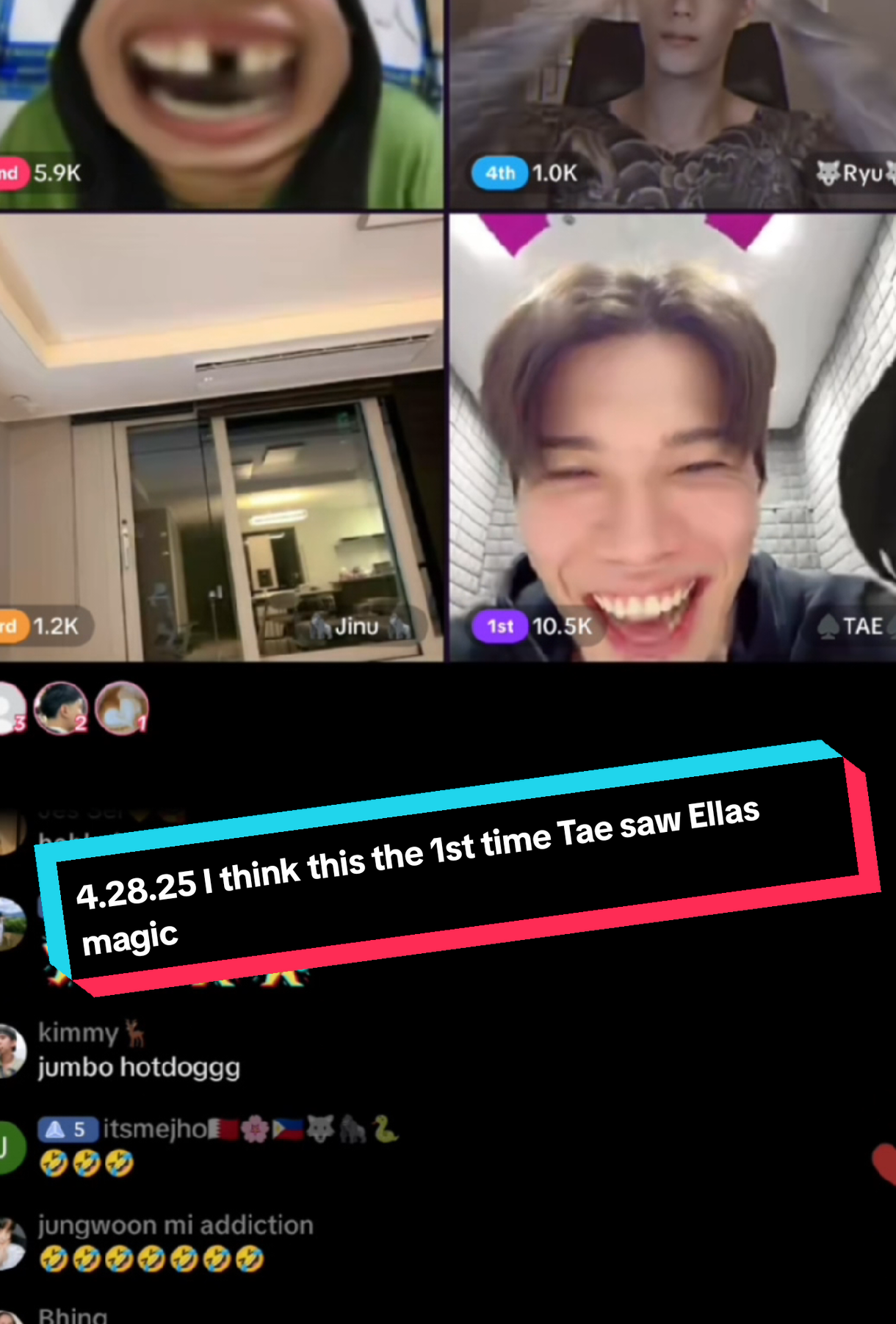 4.28.25 Oppa's girl x Ryu x Jinu x Tae  Ellas magic coz of super momo's gifts. Tae first time seeing it.