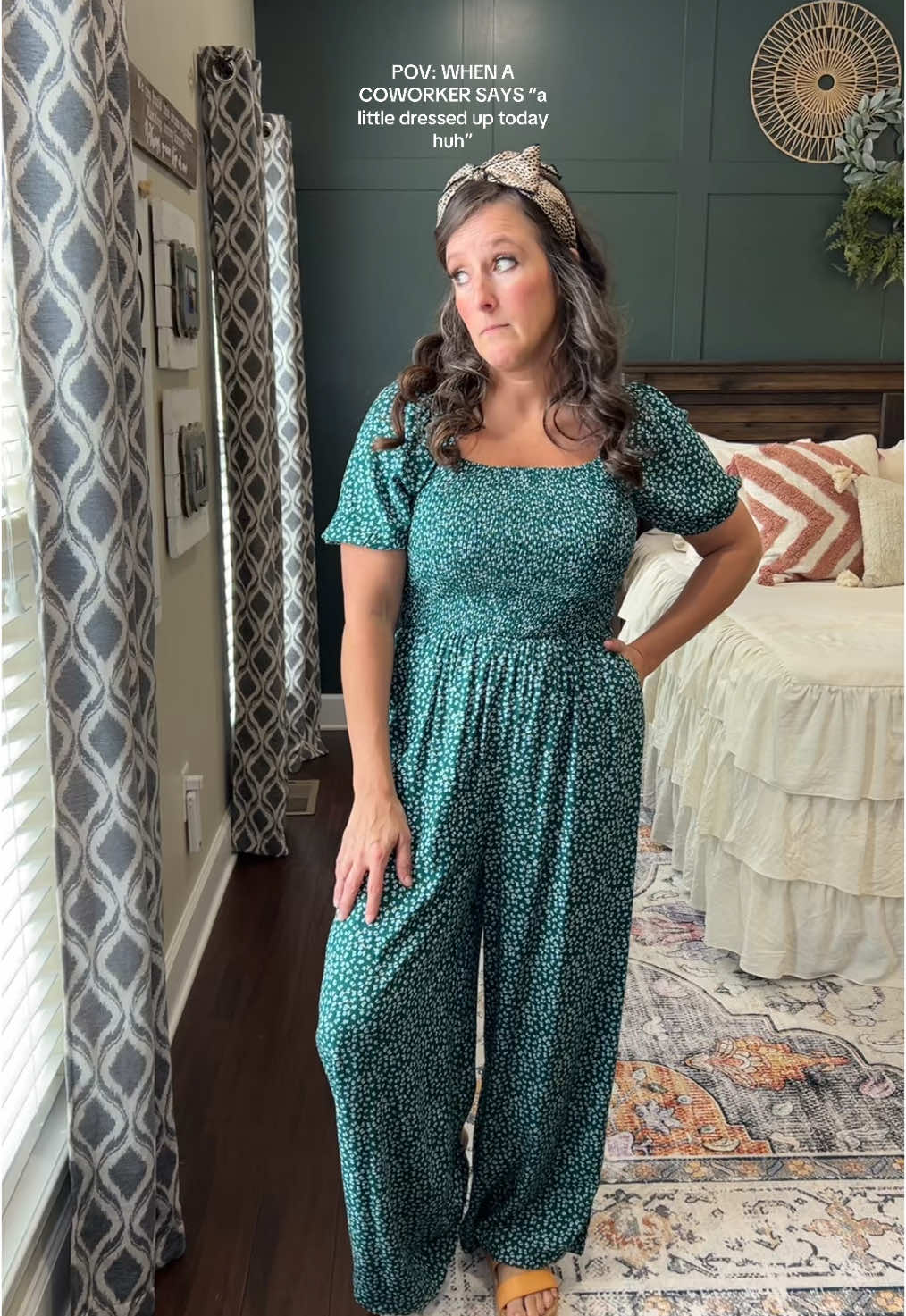 POV: when a coworker makes a rude remark about you being “overdressed” at work. It’s called style baby! #jumpsuit #jumpsuitstyle #jumpsuitoutfit #floralprint #widelegjumpsuit 