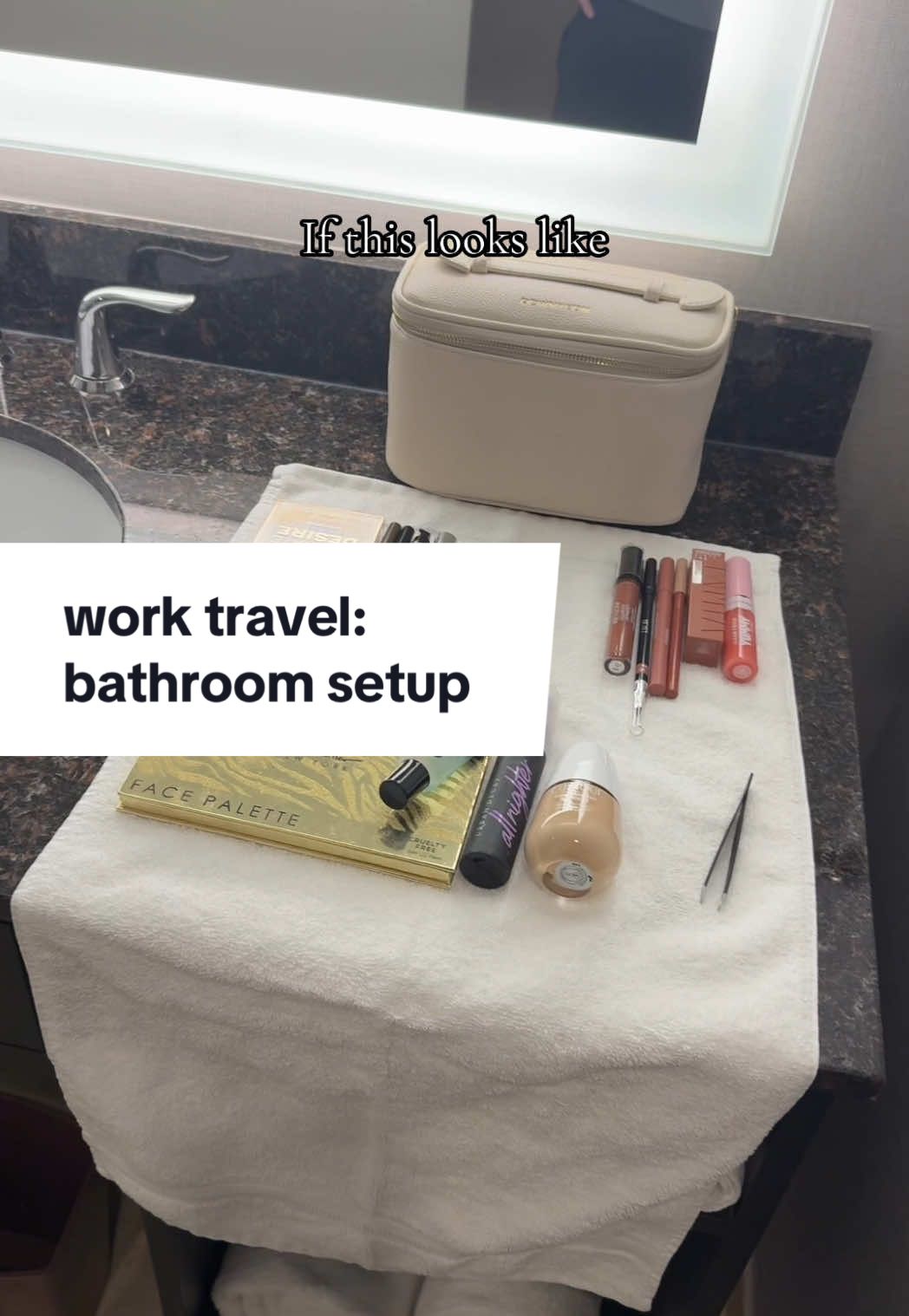 When I’m traveling for work, I set up my bathroom as soon as I arrive.  I like to do a towel so nothing rolls away and things stay clean and dry.  I appreciate counter space in a hotel bathroom.  #corporatetravel #worktravel #corporatetrainer #grwm #routines 