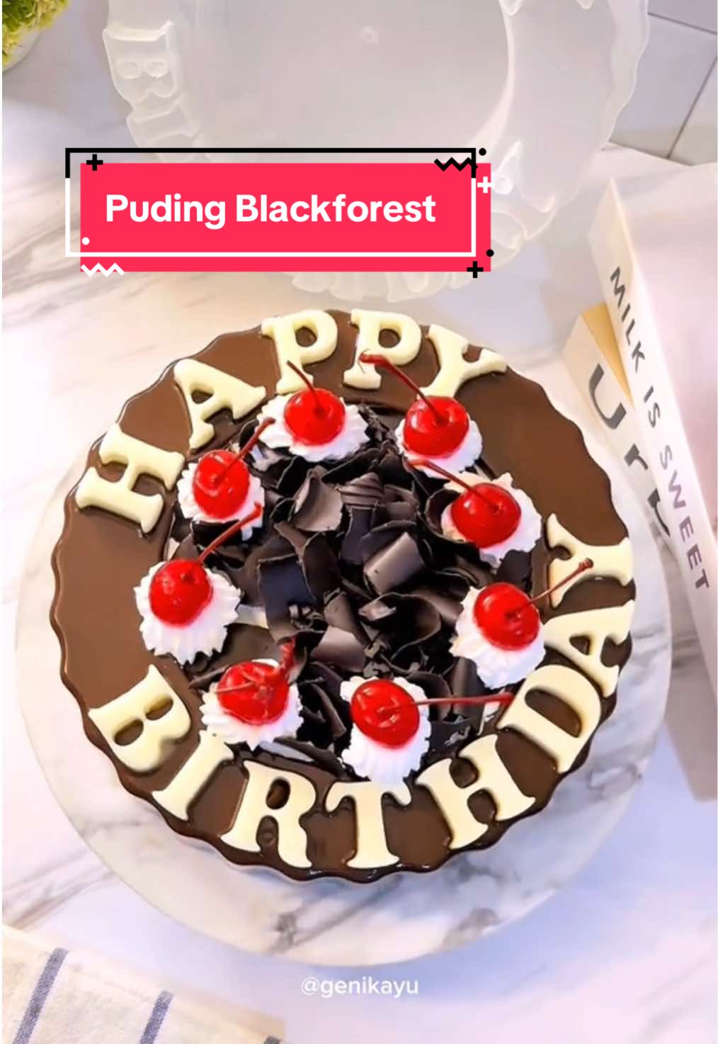 Pudding Blackforest…  ultah pake puding oke bgt nih, mamak bikin puding blackforest pake cetakan puding HAPPY BIRHTDAY by @dambishopp D 20cm kapasitas 1,2 L, cetakan nya tebal, bisa dikukus, gak meleyot waktu tuang puding panas2, samaan yukkk…  Order Cetakan bisa langsung kesini ya : @Dambishopp  @dambishopp  @dambishopp  PUDDING BLACKFOREST  bahan :  1200 ml susu uht cokelat  1 1/2 bungkus Kristal Agar Cokelat  150 gr gula pasir 25 gr cokelat bubuk  100 gr dark chocolate  1 sdt pasta black forest  puding tulisan putih :  70 ml susu uht plain  ½ sdt kristal agar plain  1 sdm gula pasir  Topping :  Whip cream Selai Blueberry Dark chocolate iris  buah cherry merah . . . . #pudingblackforest #pudingcoklat #reseppuding #pudingsusu #resepsimple #pudingviral #idejualan #resepkue #thefeedfeedfood #chocolatelovers #chocolatepudding #likeforlikes #resepcamilan
