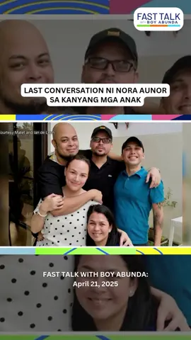 #FastTalkWithBoyAbunda | April 21, 2025: Lotlot at Ian de Leon, ibinahagi ang huling pag-uusap nila sa kanilang ina na si Nora Aunor. #FTBANoraAunor #NoraAunor  #FastTalk #fasttalkgma #TitoBoy #BoyAbunda #Kapuso #gmanetwork #fyp