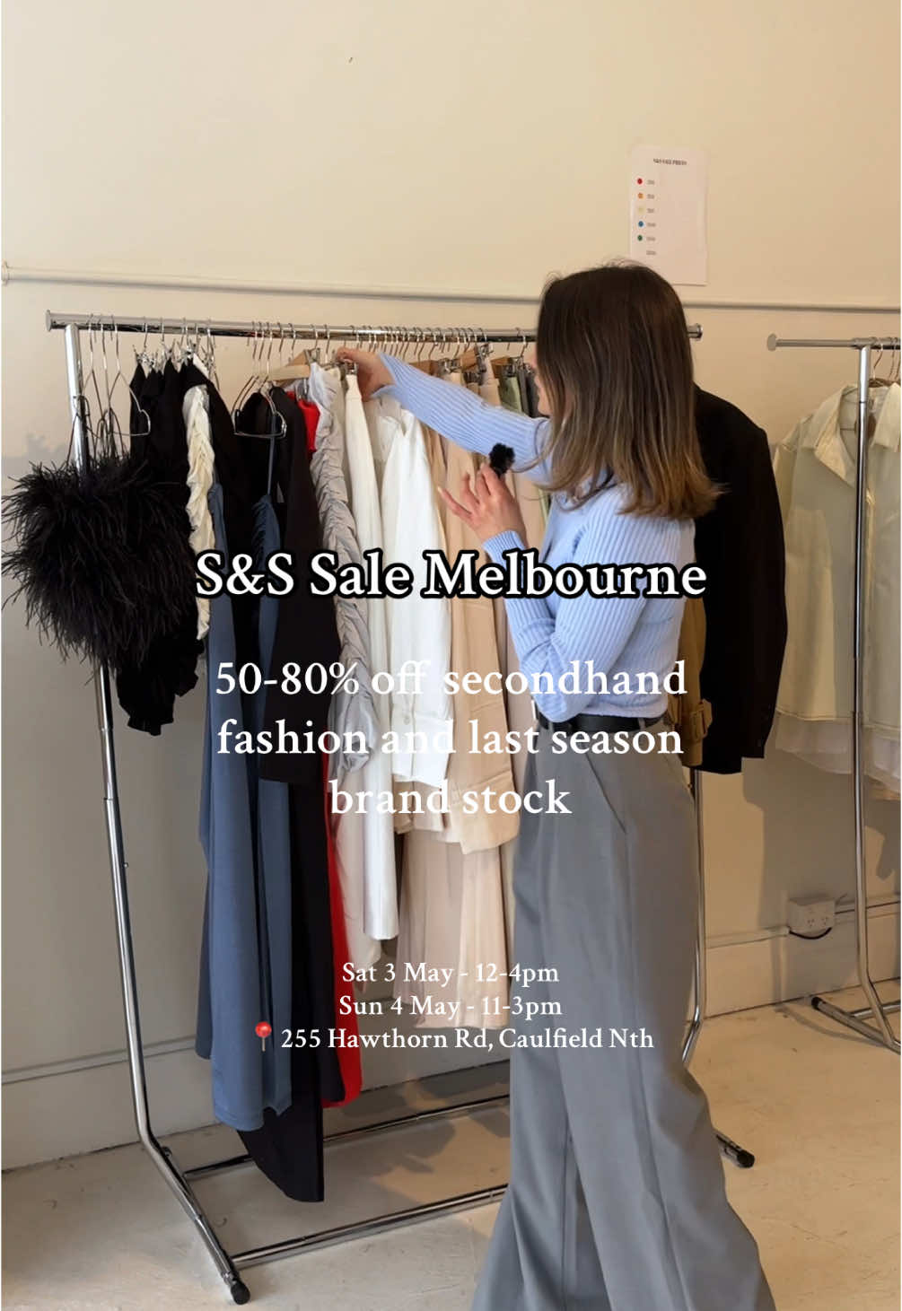 Pop up fashion sale 50-80% off Vik & Woods, Camilla and Marc, DISSH, Zara, Henne, Aje and lots more!  S&S Sale (second hand and samples) hosted by SZN Of Style this weekend. 🔗 Pre-register via link in bio for early access Sat 3 May  #melbourne #fashionsale #warehousesale #melbournefashion #endofseason #secondhandfashion #thrifting 
