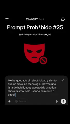 Ayer se fue la luz en toda España… y muchos descubrieron que sin tecnología, no sabían qué hacer. Este prompt te entrena justo para eso: cuando todo falla, tu mente es tu mejor herramienta. Guárdalo antes de que se vuelva esencial. #chatgptprompt #apagonelectrico #sintecnologia #inteligenciaartificial #redelectrica 