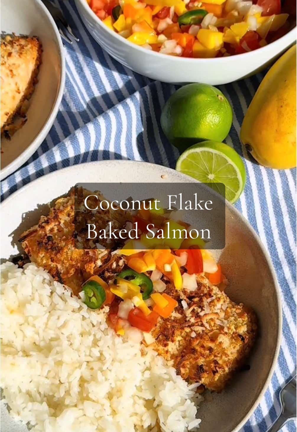 🥥Coconut Flake Baked Salmons🐟 I’m in the mood for Coconut🥥🥥🥥 These flaky and golden coconut-crusted salmon filets, light and sweet coconut rice, and bright, juicy mango salad are my perfect tropical trio for this spring and summer’s dinner table. They are easy recipes to cook and impressive!  To make the meal even more coconutty, enjoy it with the refreshing @Vita Coco coconut water🧊Now use the code GRANNYAYE to take 15% off your order when shopping via the link in my bio👌 🔶You’ll need (for 2 servings):      🔸For the Mango salad: 1/4 onion, chopped 1 small tomato, chopped 1/2 bell pepper, chopped 1 ripe mango, chopped 1 garlic clove, minced 1/2 jalapeño pepper, sliced 1 tablespoon sugar 2 tablespoons coconut water 1/2 lime juice A pinch of salt      🔸Coconut Rice: 1 cup uncooked rice, rinsed 1 & 1/2 cups coconut water      🔸For the Coconut Flake Baked Salmon: 2 salmon filets Dijon mustard (just enough to cover the salmon in a thin layer) 1/2 cup panko breadcrumb 1/2 cup sweetened coconut flakes 1 tablespoon unsalted butter, melted 🔶You’ll do: 1. To make the Mango Salad, add all ingredients in a bowl, and mix well. Set them in the refrigerator. 2. To make the Coconut rice, add the rice and coconut water to your rice cooker. Select the plain rice mode, and start the cooker. 3. Preheat the oven to 415°F. To make the Coconut Flake Baked Salmon, pat dry the salmon filets with a piece of paper towel and place them on a plate. Add the Dijon mustard and spread it out all over the salmon in a thin layer.  4. Add the panko breadcrumbs, sweetened coconut flakes, and melted butter on a lined baking pan. Mix them up and spread them out evenly.  5. Place the salmon filets on top and slightly press the breadcrumb mixture on all sides of the salmon. Bake at 415°F for about 10 minutes or until the salmon’s internal temperature reaches 145°F. Rotate the baking pan halfway through baking. Let the salmon cool on the baking pan for a few minutes before removing them from the pan. 6. To assemble, place the Coconut Rice and Coconut Flake Baked Salmon on the plates, and top the salmon with the Mango Salad (or on the side).  Enjoy!🥥 #cooking #lunchideas #lunchrecipe #recipesoftiktok #recipesforyou #recipevideo #salmonrecipe #salmonrecipes 