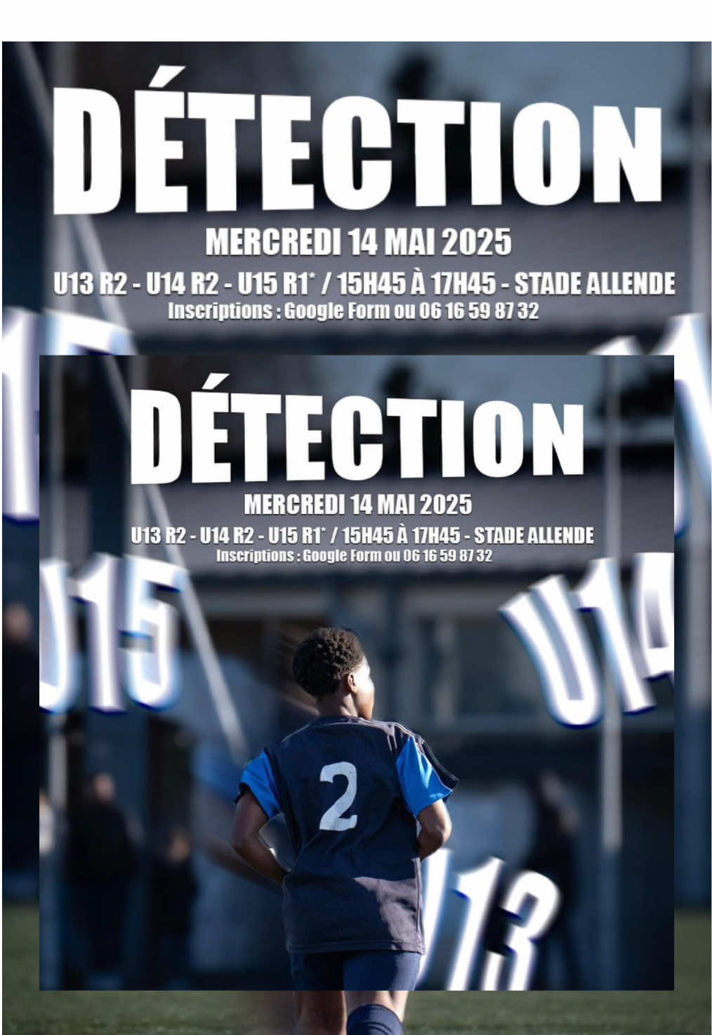 𝗗𝗘́𝗧𝗘𝗖𝗧𝗜𝗢𝗡𝗦 𝗥𝗘́𝗚𝗜𝗢𝗡𝗔𝗟𝗘𝗦 👀 𝗧𝘂 𝗲𝘀 𝗻𝗲́ 𝗲𝗻 2011, 2012 ou 2013? 𝗖𝗲 𝗺𝗲𝘀𝘀𝗮𝗴𝗲 𝗲𝘀𝘁 𝗽𝗼𝘂𝗿 𝘁𝗼𝗶 ! 	•	U13 Régional 2 	•	U14 Régional 2 	•	U15 Régional 1* 𝗠𝗲𝗿𝗰𝗿𝗲𝗱𝗶 𝟭𝟰 𝗺𝗮𝗶 𝟮𝟬𝟮𝟱 𝗗𝗲 𝟭𝟱𝗵𝟰𝟱 𝗮̀ 𝟭𝟳𝗵𝟰𝟱 𝗔𝘂 𝘀𝘁𝗮𝗱𝗲 𝗦𝗮𝗹𝘃𝗮𝗱𝗼𝗿 𝗔𝗹𝗹𝗲𝗻𝗱𝗲 – 𝗛𝗲́𝗿𝗼𝘂𝘃𝗶𝗹𝗹𝗲-𝗦𝗮𝗶𝗻𝘁-𝗖𝗹𝗮𝗶𝗿 Montre-nous ce que tu vaux sur le terrain 💪 Inscription obligatoire : 	➡️Via le Google Form (en story à la une « Infos ») 	➡️Ou par téléphone / SMS au 06 16 59 87 32 *Sous réserve  #detection #football #calvados #region #saison20252026 #u13 #u14 #u15 #herouville 