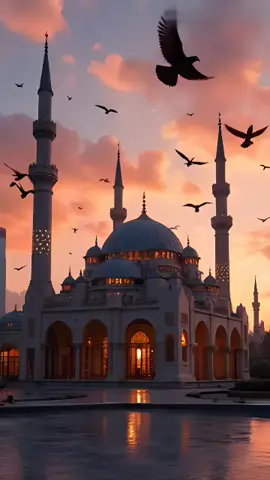 A futuristic robotic mosque with moving minarets, glowing geometric LED patterns, and an automated call to prayer system; flocks of birds flying gracefully around the structure; set during sunset with a sci-fi city skyline in the background, cinematic lighting, slow camera pan, high detail, 4K resolution